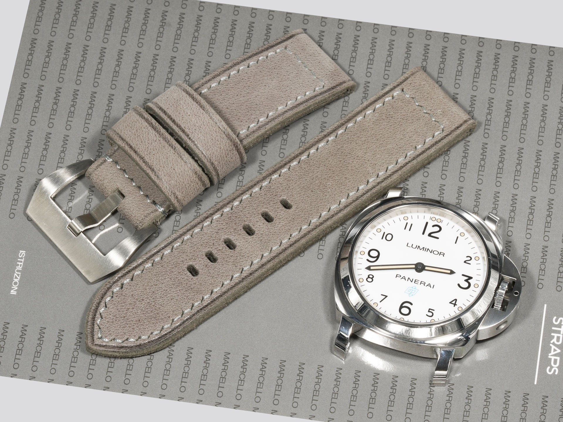 Hand-stitched grey Panerai 44mm strap with creased edges
