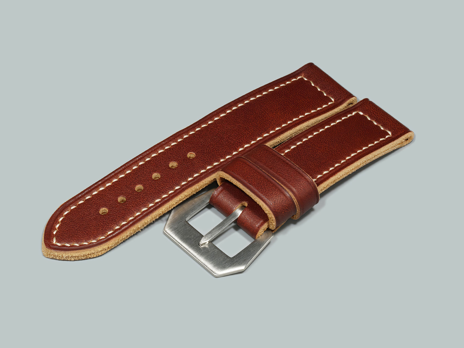 burgundy Panerai Luminor strap with Pre-V buckle and beige hand stitching