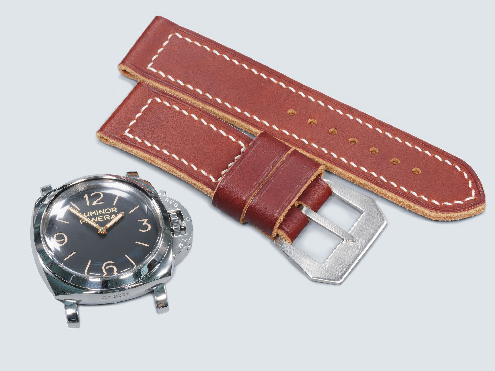artisan-made thick burgundy Panerai Luminor strap on 44mm Luminor