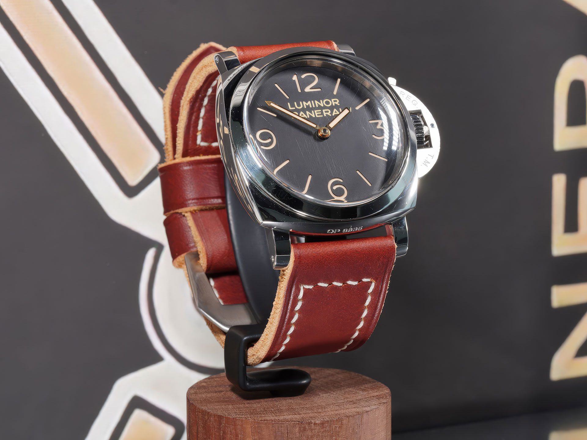 handcrafted cherry red Panerai strap mounted on 47mm PAM00372