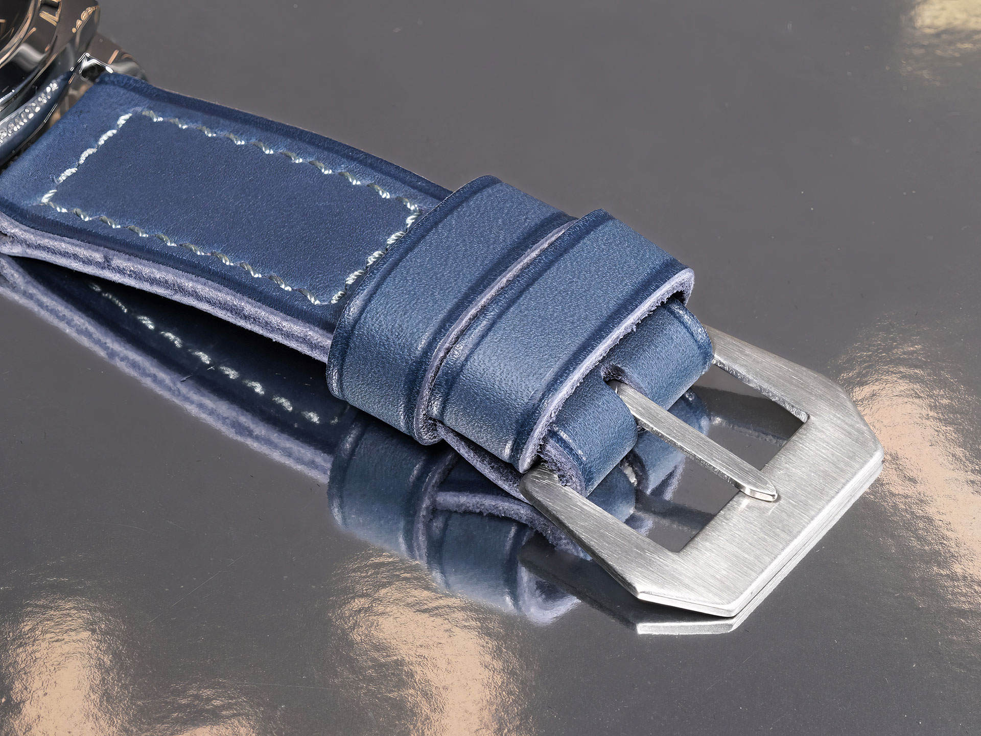 thick blue leather Panerai strap by Marcello Straps