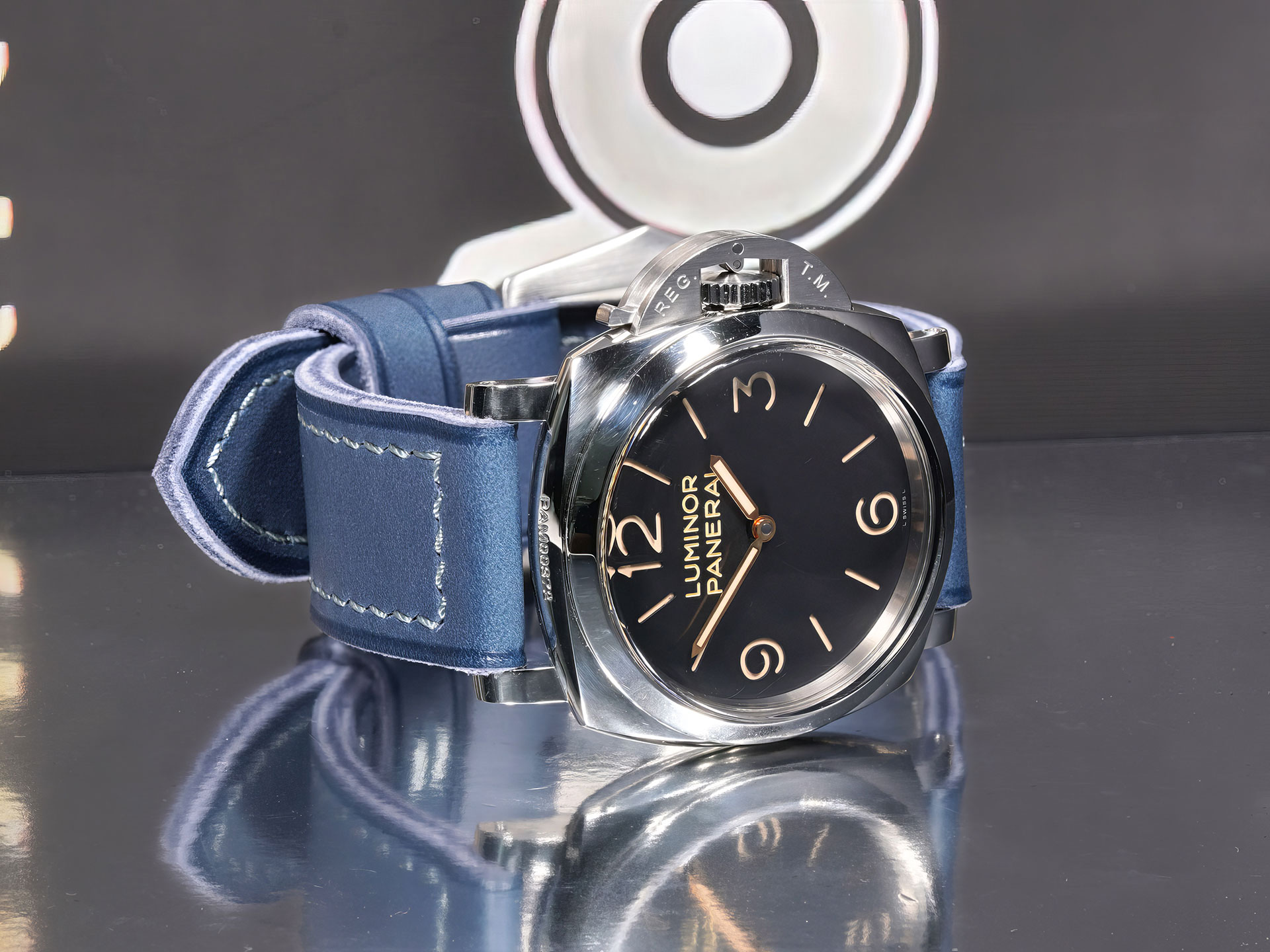 close-up of thick blue Panerai strap handmade by Marcello Straps