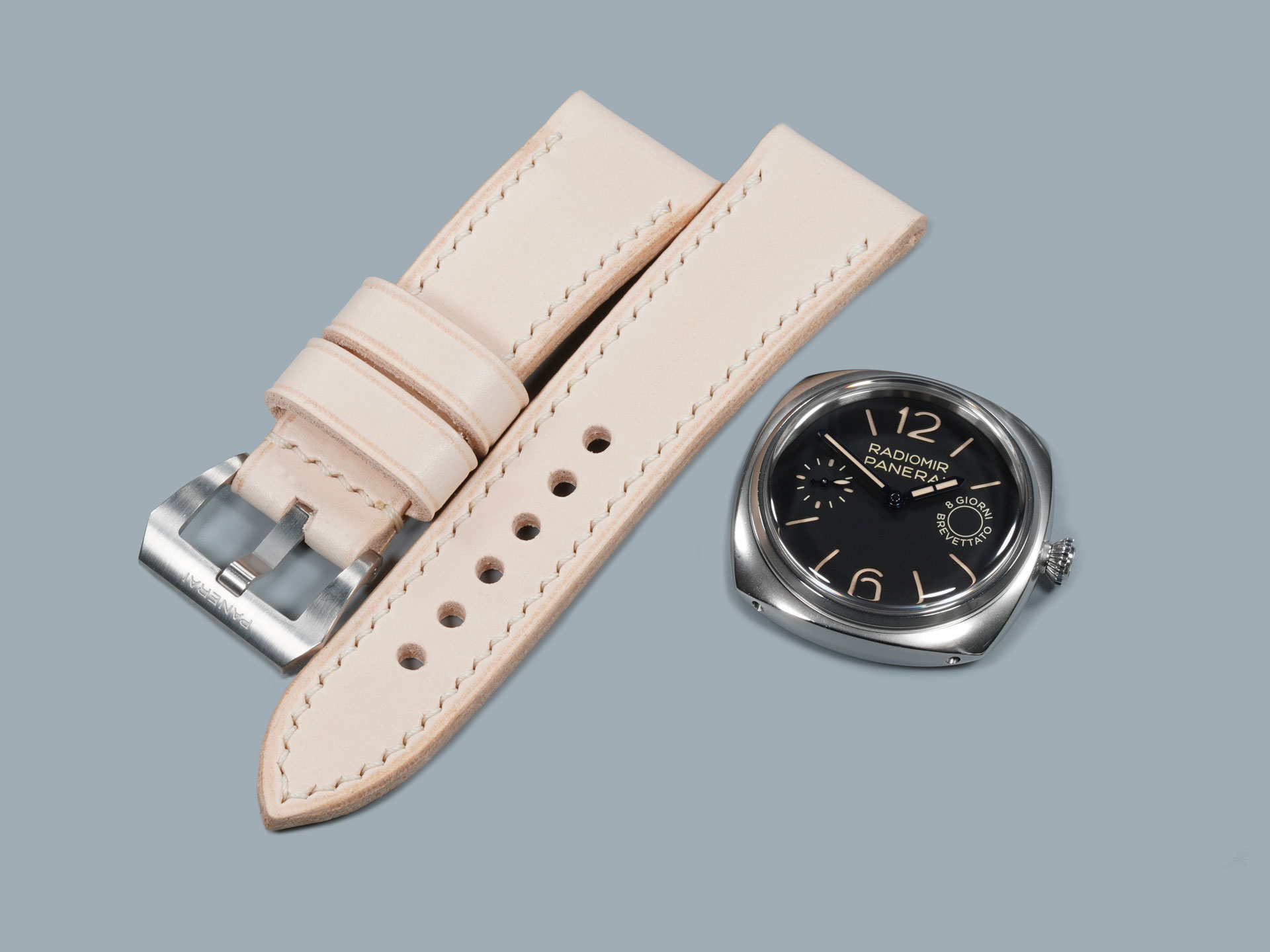 Light tan handcrafted Radiomir strap with cream stitching