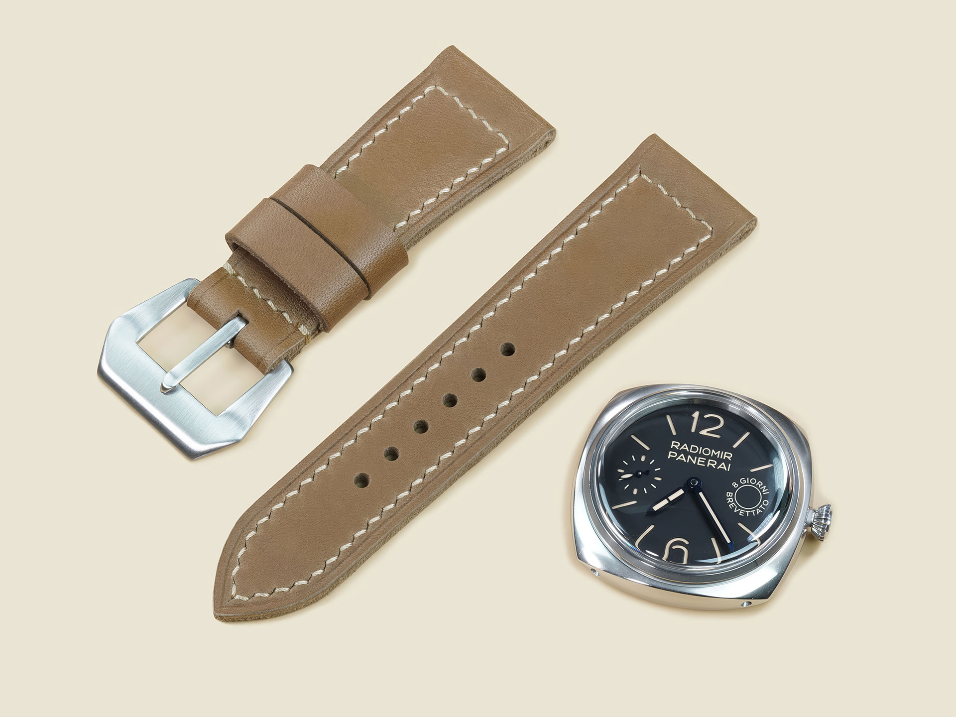 Close up of Vintage Style Panerai Radiomir Strap with dense hand stitched French thread