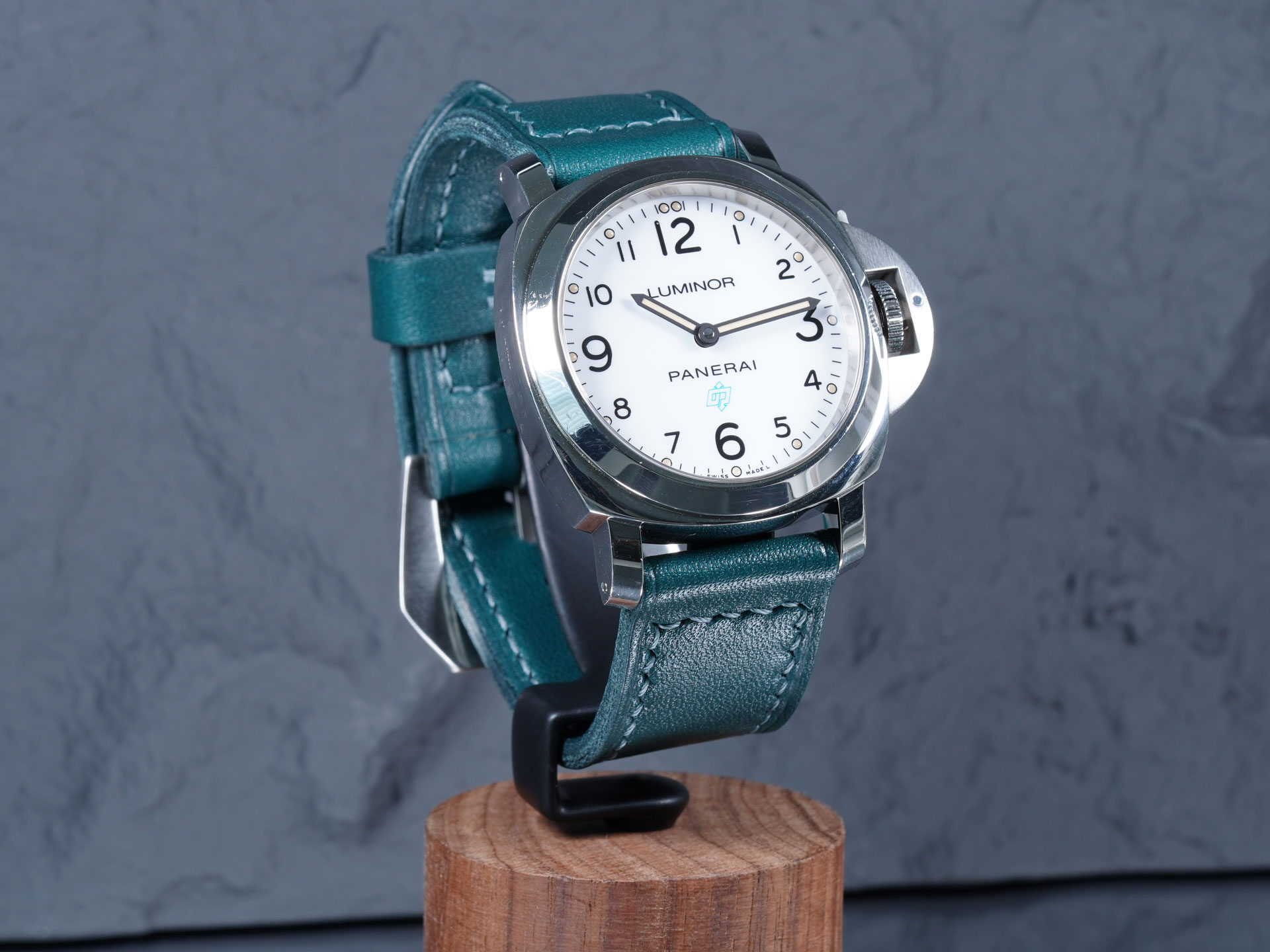 Marcello Straps' green pre-v strap, wrist shot on a 44mm Luminor