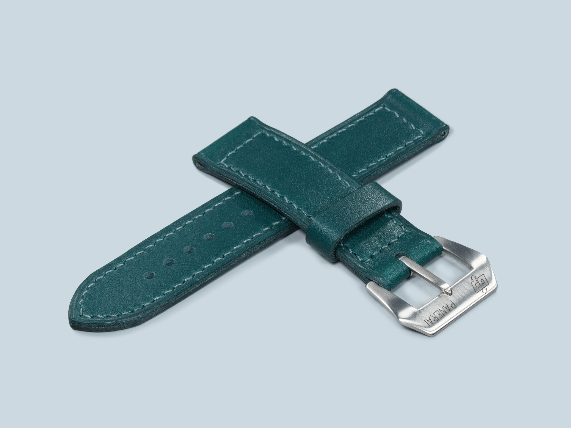 Handcrafted soft Pre-V style Panerai 44mm strap in teal green leather