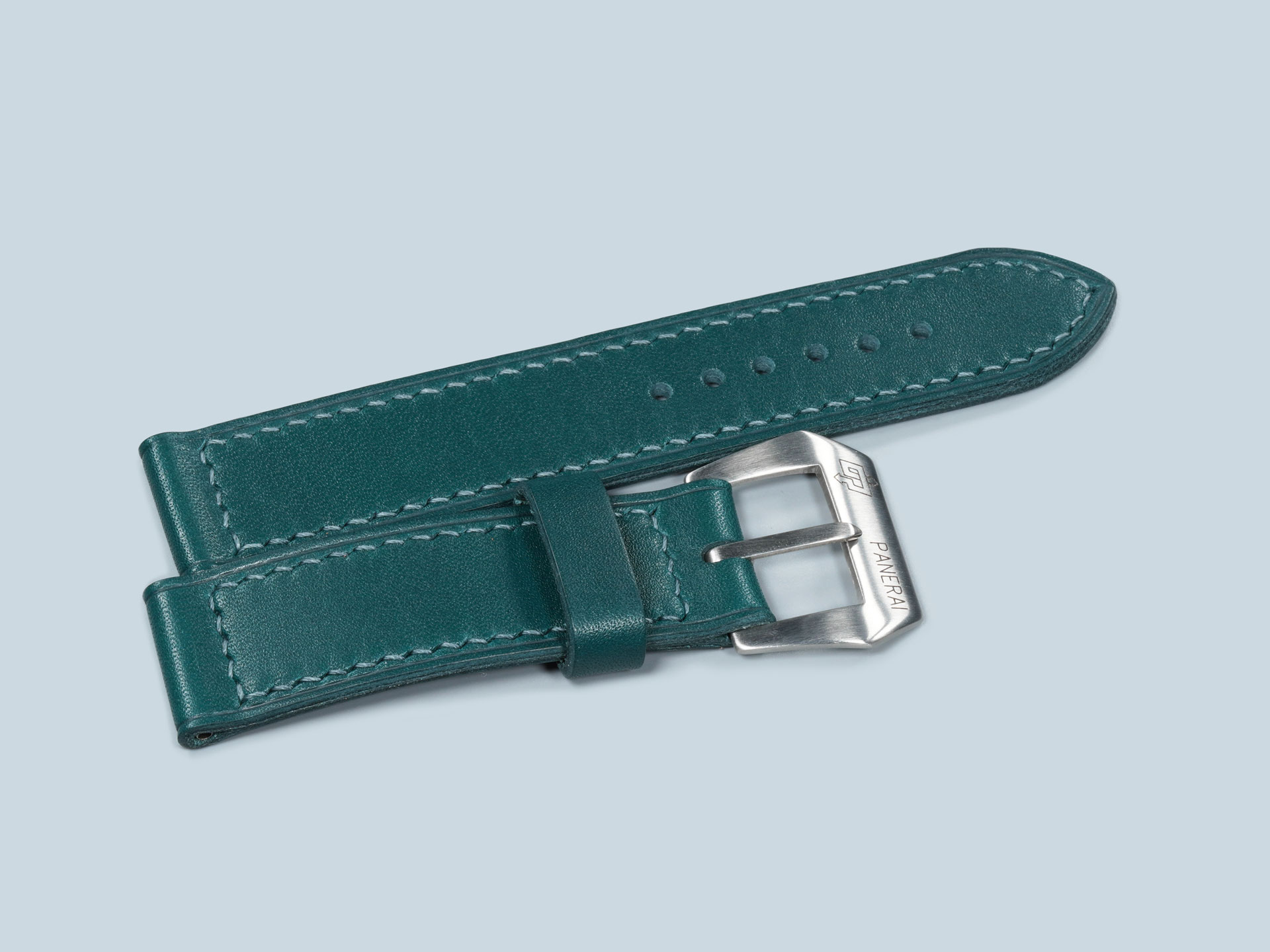 3.0mm thick teal green vintage Panerai strap with sewn pin buckle hardware