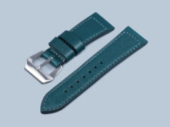Teal green Panerai Radiomir strap with color matched hand stitching and vintage style pin buckle sewn in place
