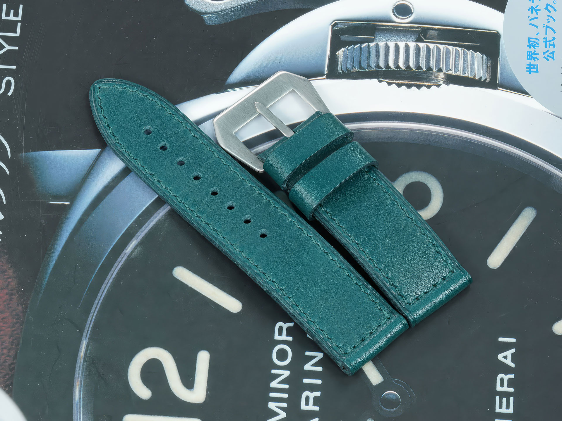 Artisan teal green 47mm Panerai strap with hand sewn buckle