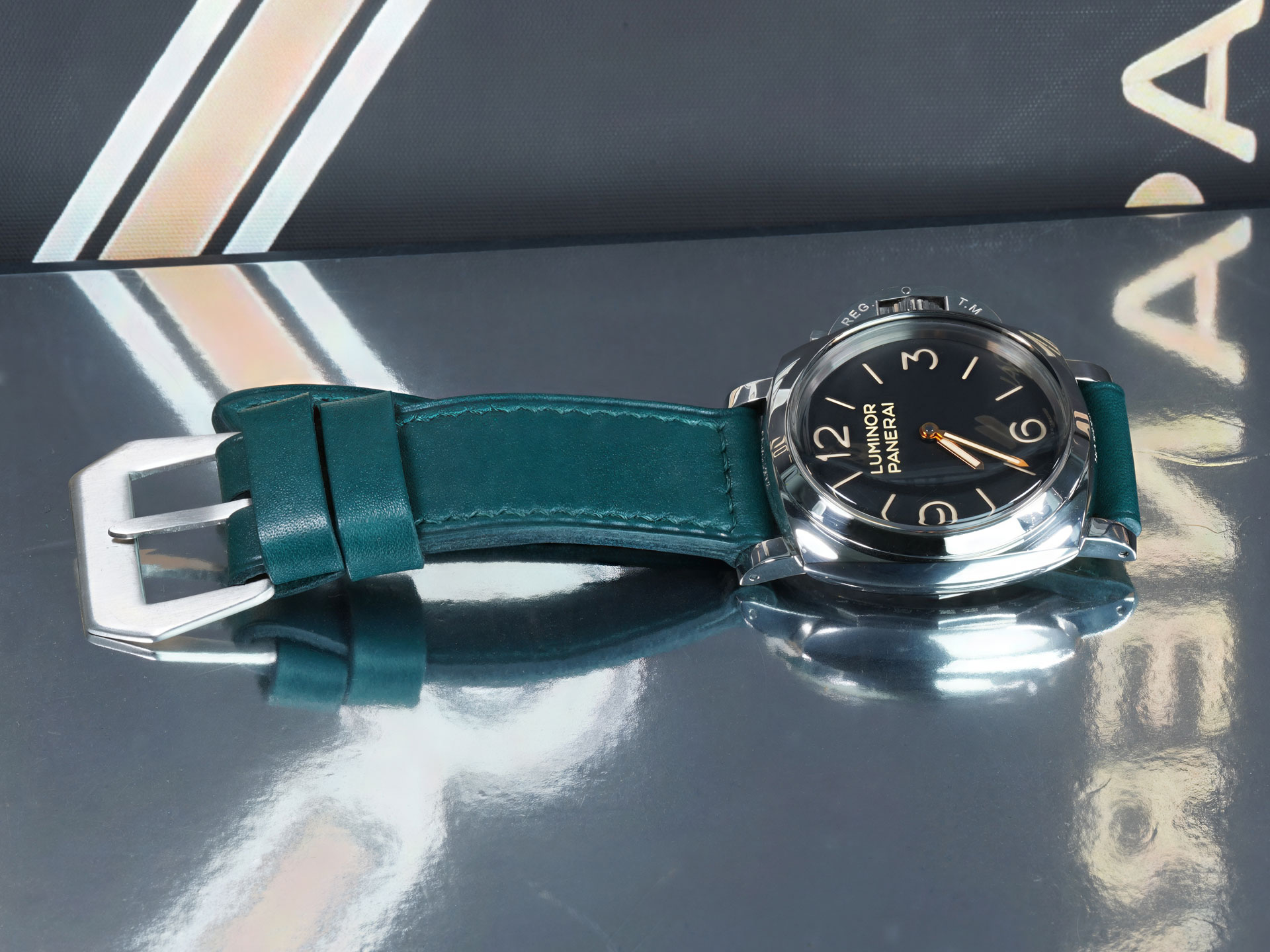 Vintage inspired teal green Panerai strap 47mm sewn in buckle