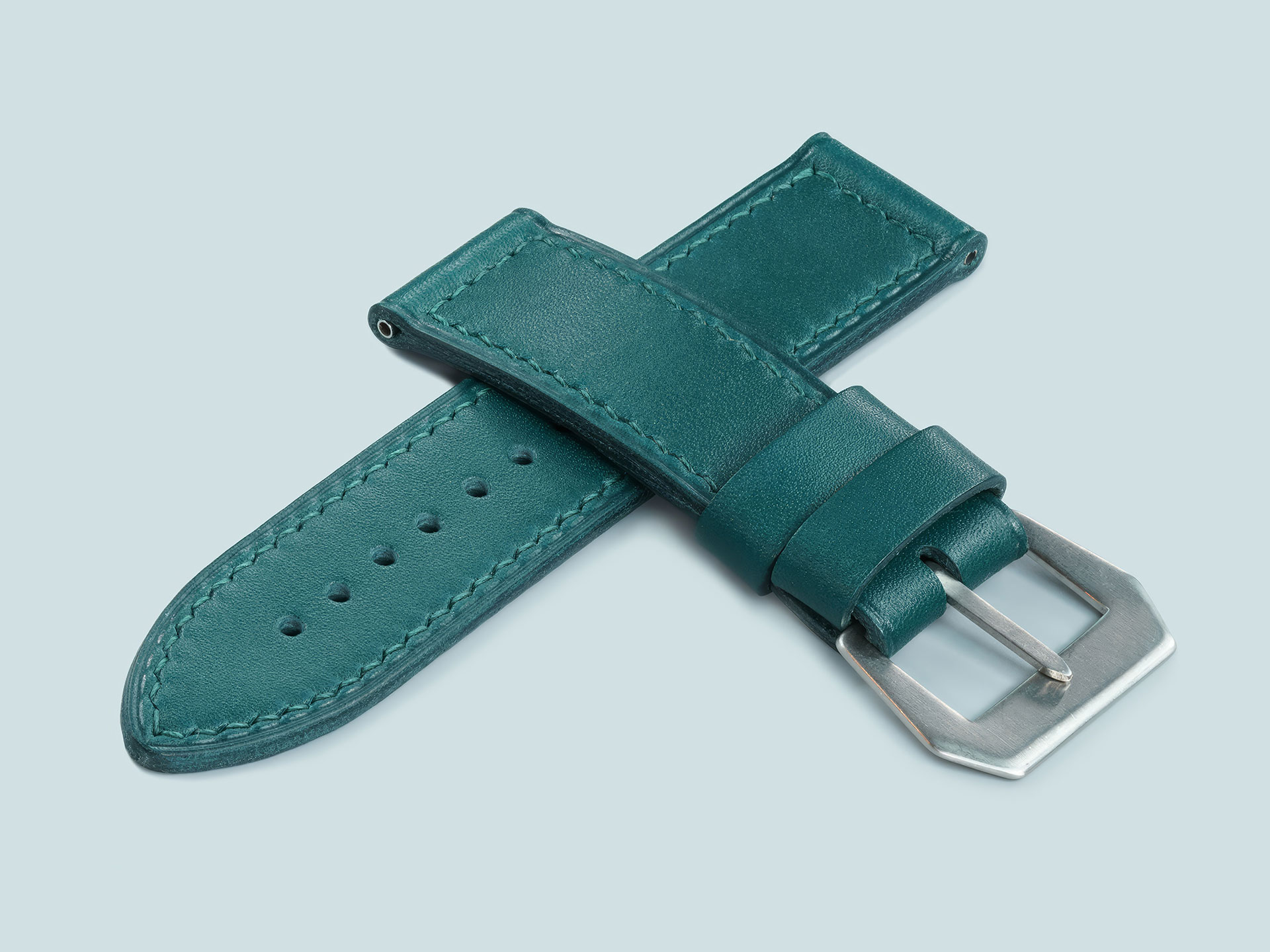 Handmade teal green strap for 47mm Panerai with matching hand stitching