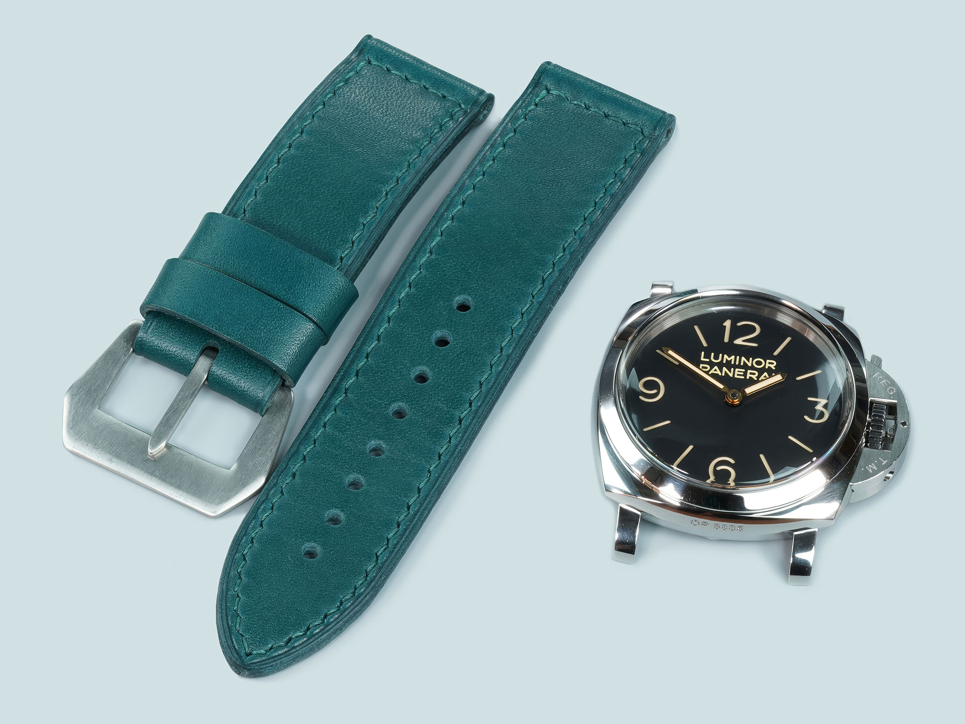 Dark teal 47mm Panerai leather strap with stitched vintage pin buckle
