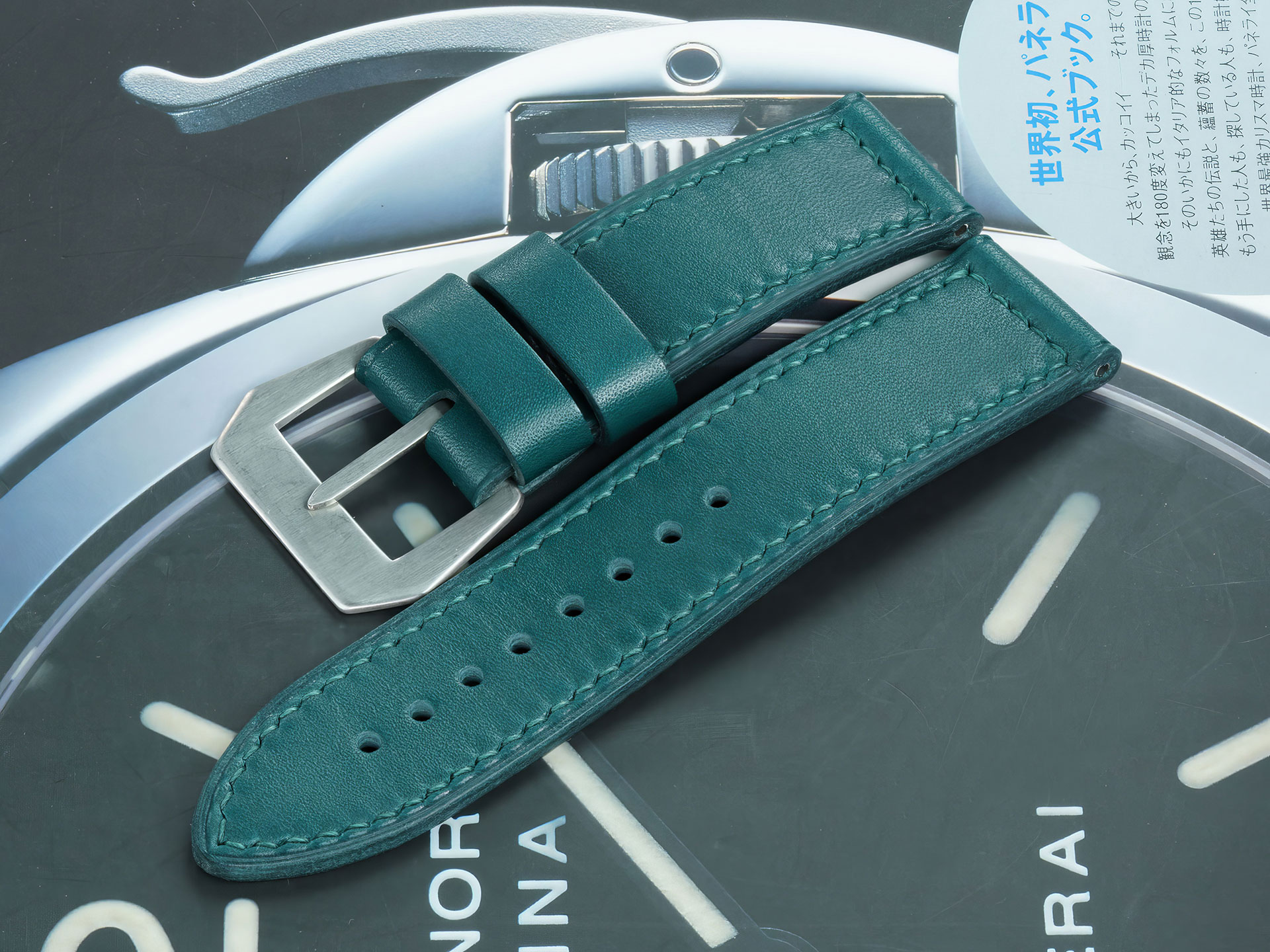 Color matched stitched teal green strap for 47mm Panerai watch