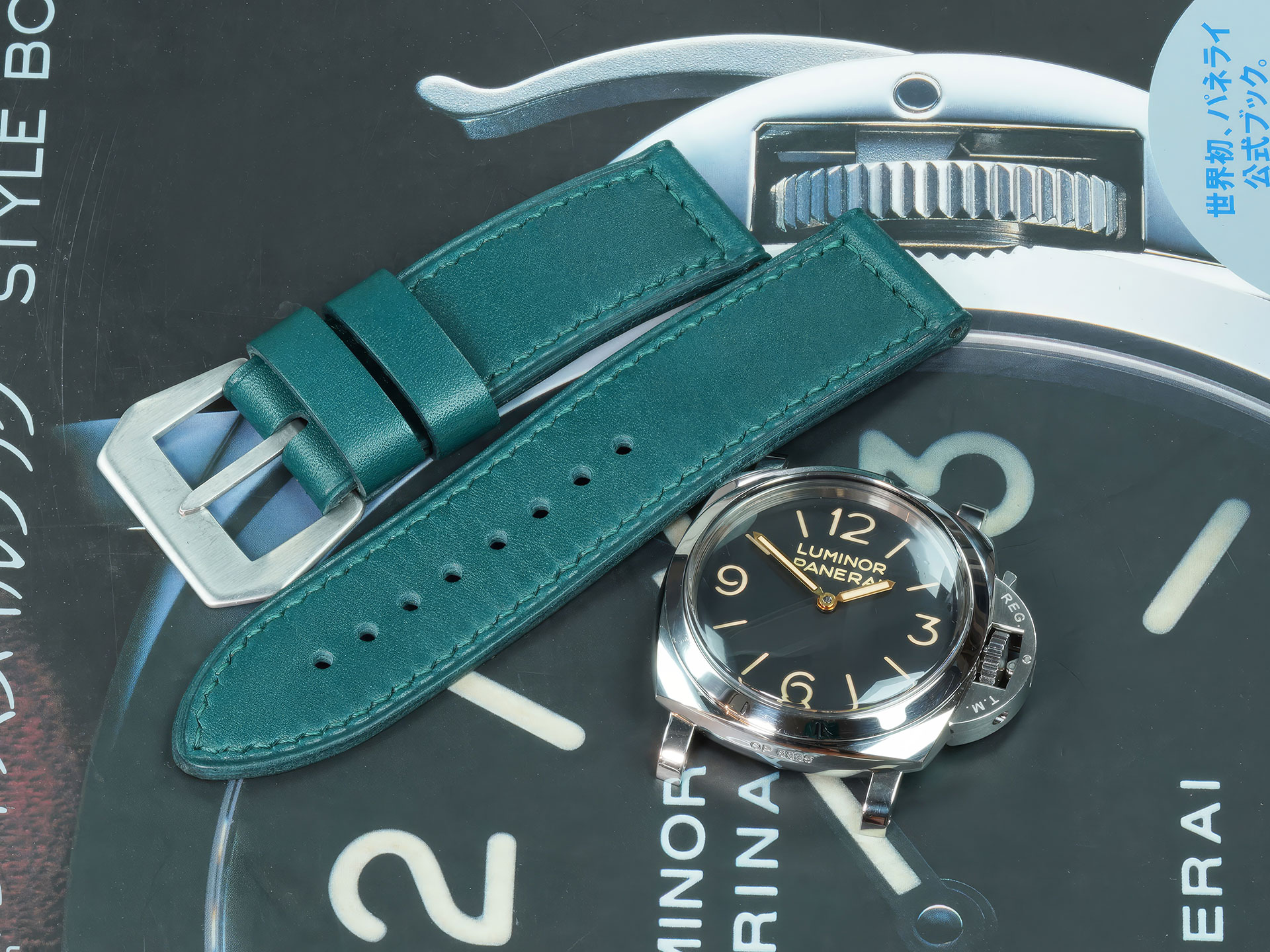 Teal green chrome tanned leather Panerai 47mm strap sewn buckle
