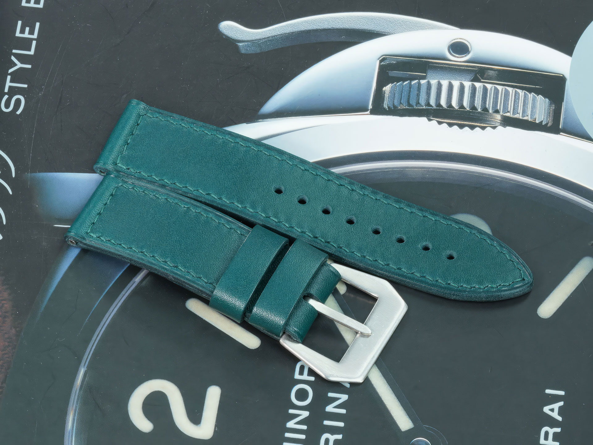 3.0mm teal green Panerai strap 47mm with vintage style hardware
