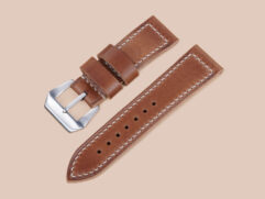 Caramel brown thick Panerai Radiomir strap with hand stitching and vintage style pin buckle sewn in place