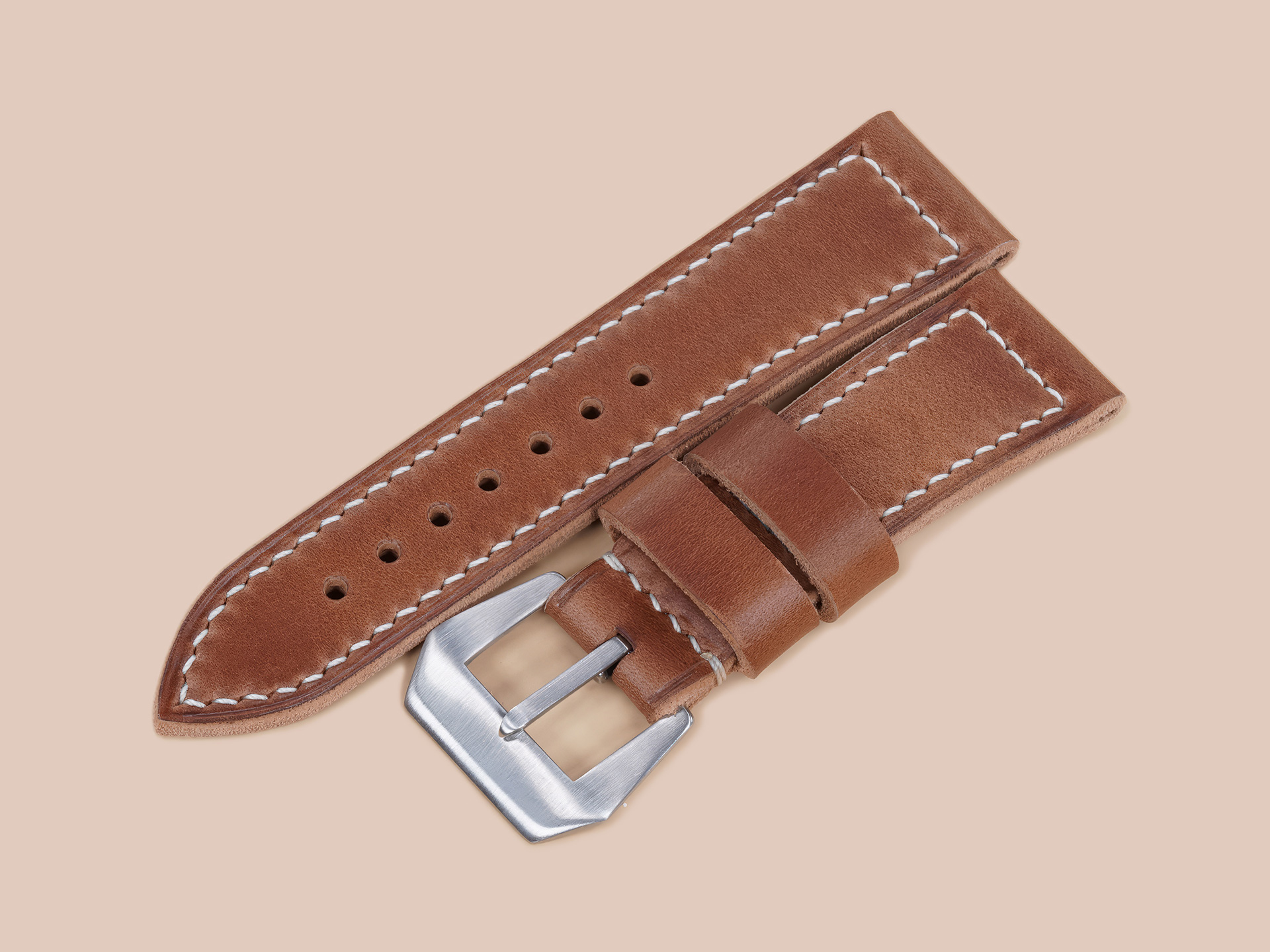 Thick caramel brown leather strap for Panerai Radiomir with sewn vintage pin buckle