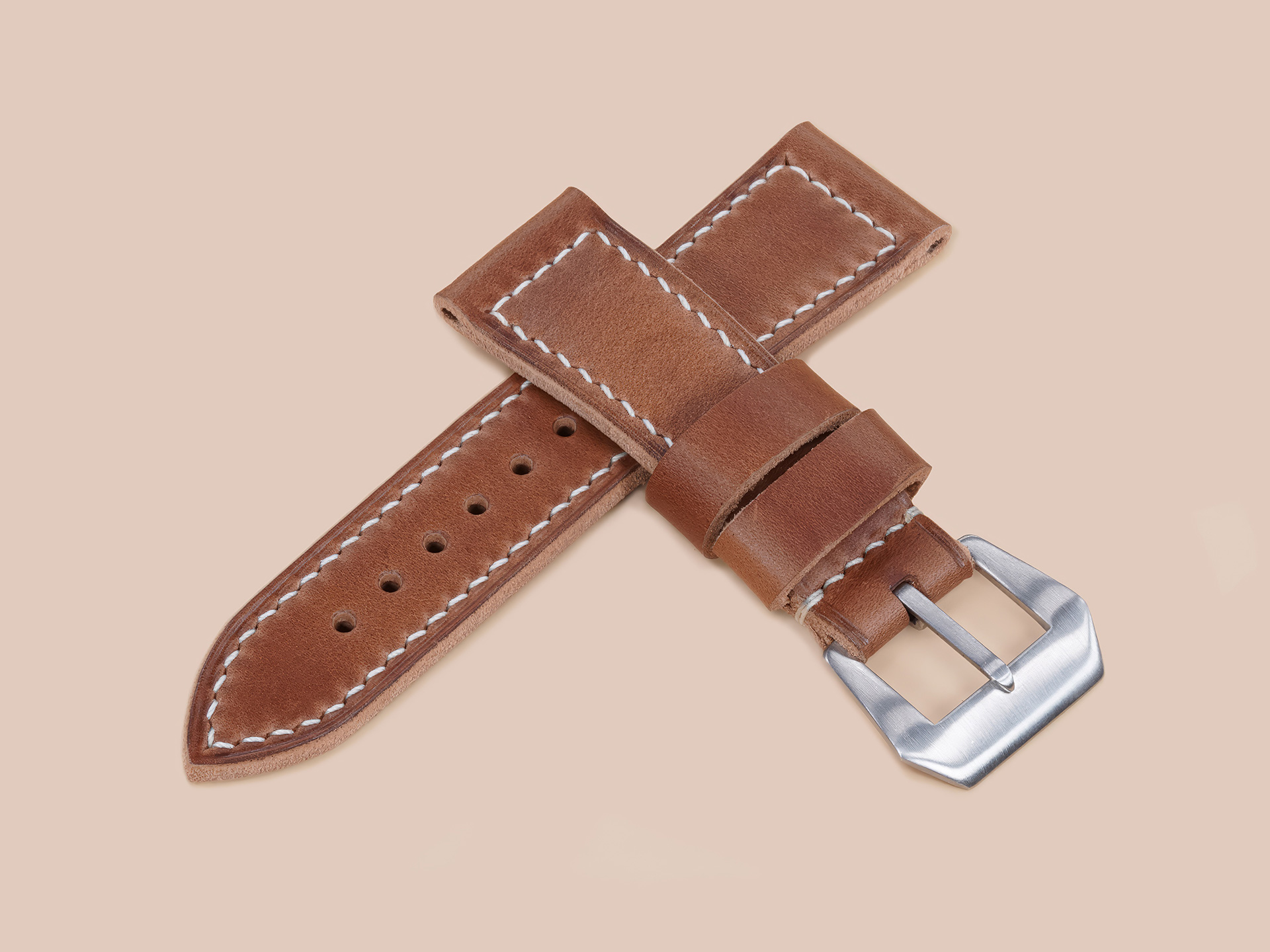 Hand stitched caramel brown Radiomir strap with classic sewn pin buckle