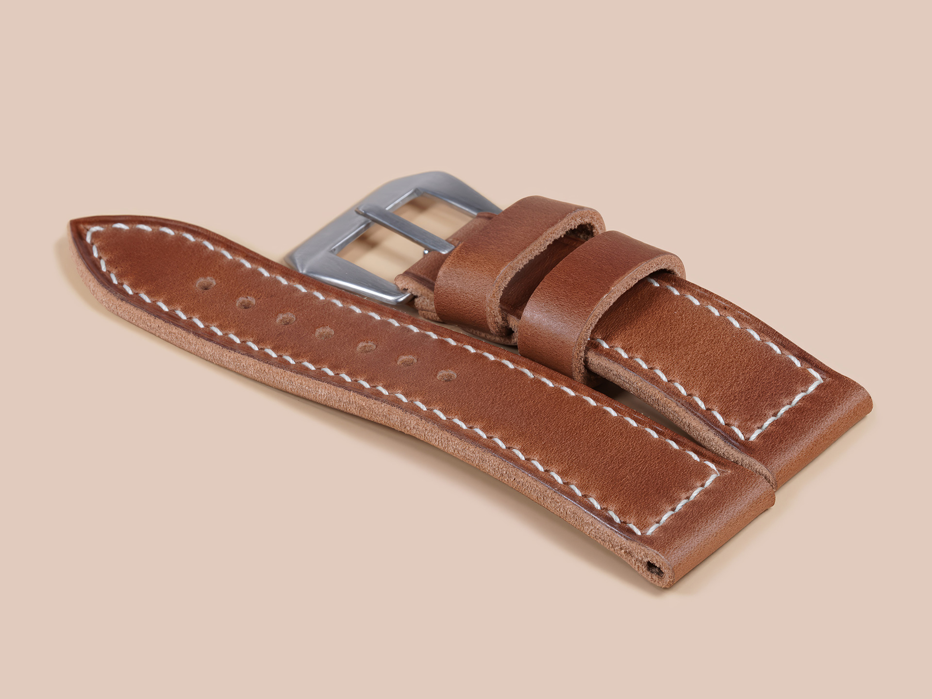 Handmade caramel brown leather strap for Panerai Radiomir with tone matched stitching