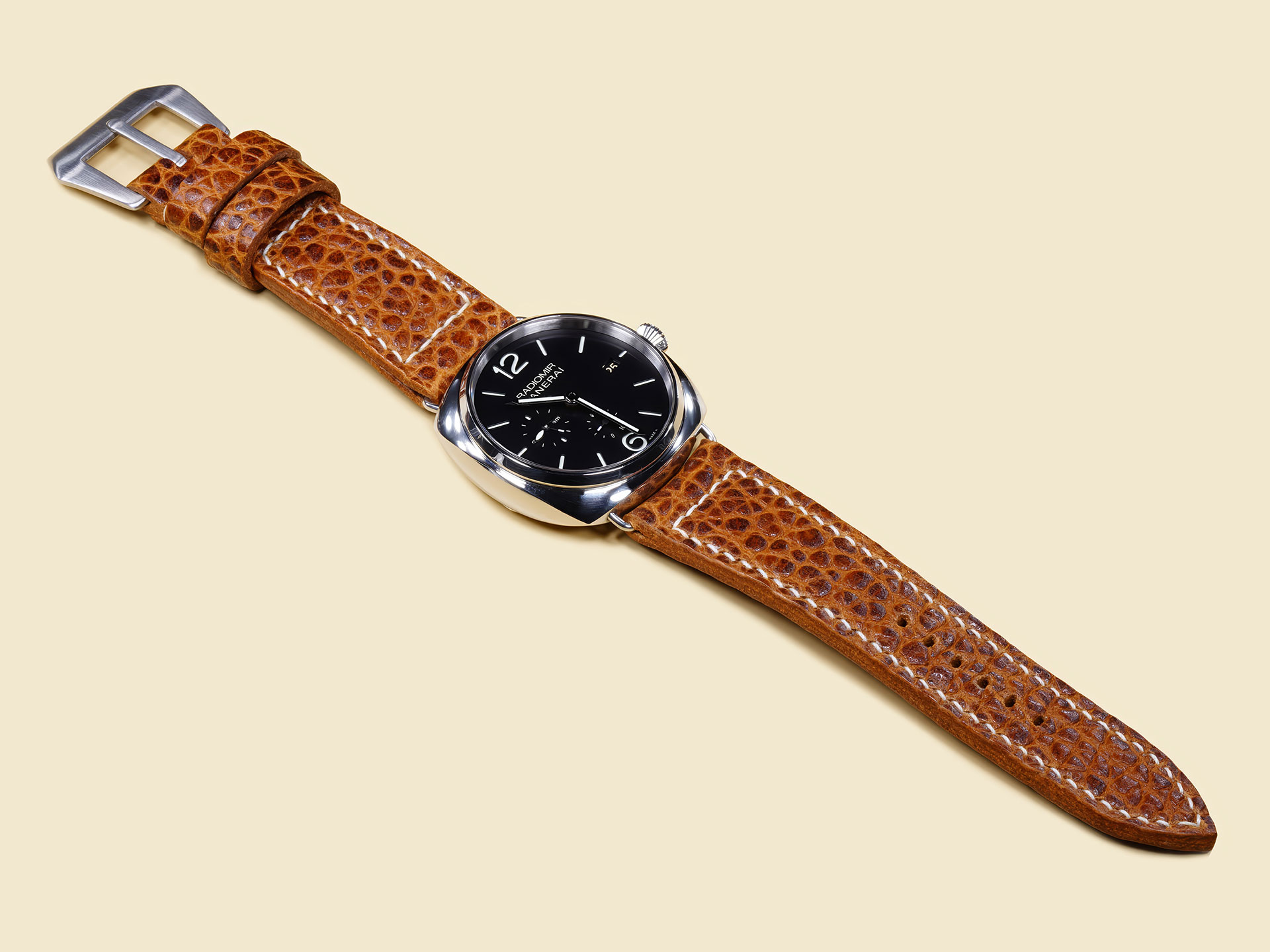 Hand-finished boxed stitching on brown buffalo Panerai Radiomir band.