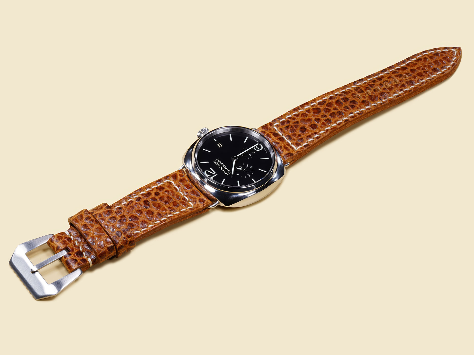 Custom brown buffalo strap for 47mm Panerai Radiomir models.