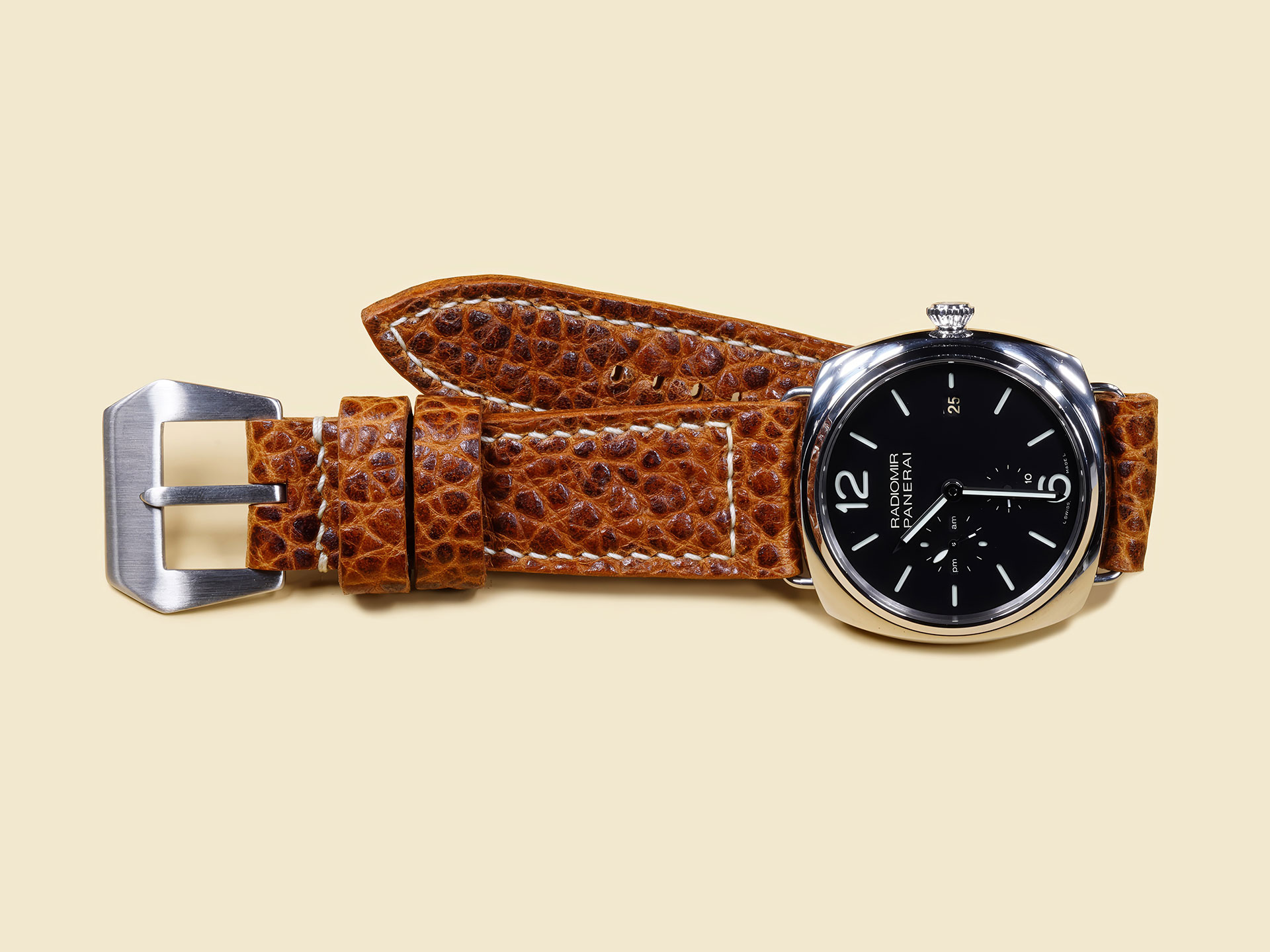 Artisanal brown buffalo Panerai Radiomir strap with fixed keeper.