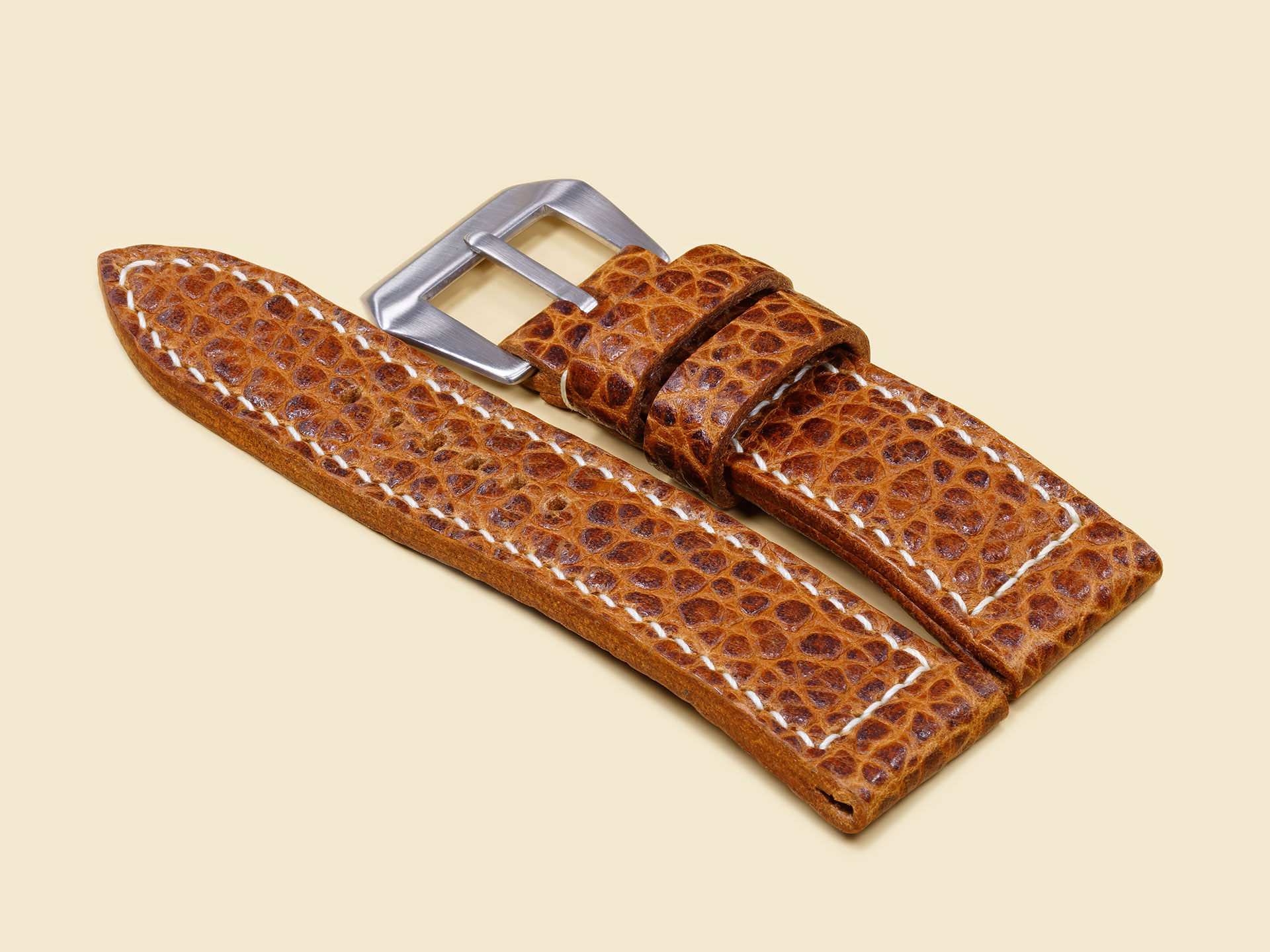 Brushed pre-V buckle on handmade brown buffalo Panerai Radiomir strap.