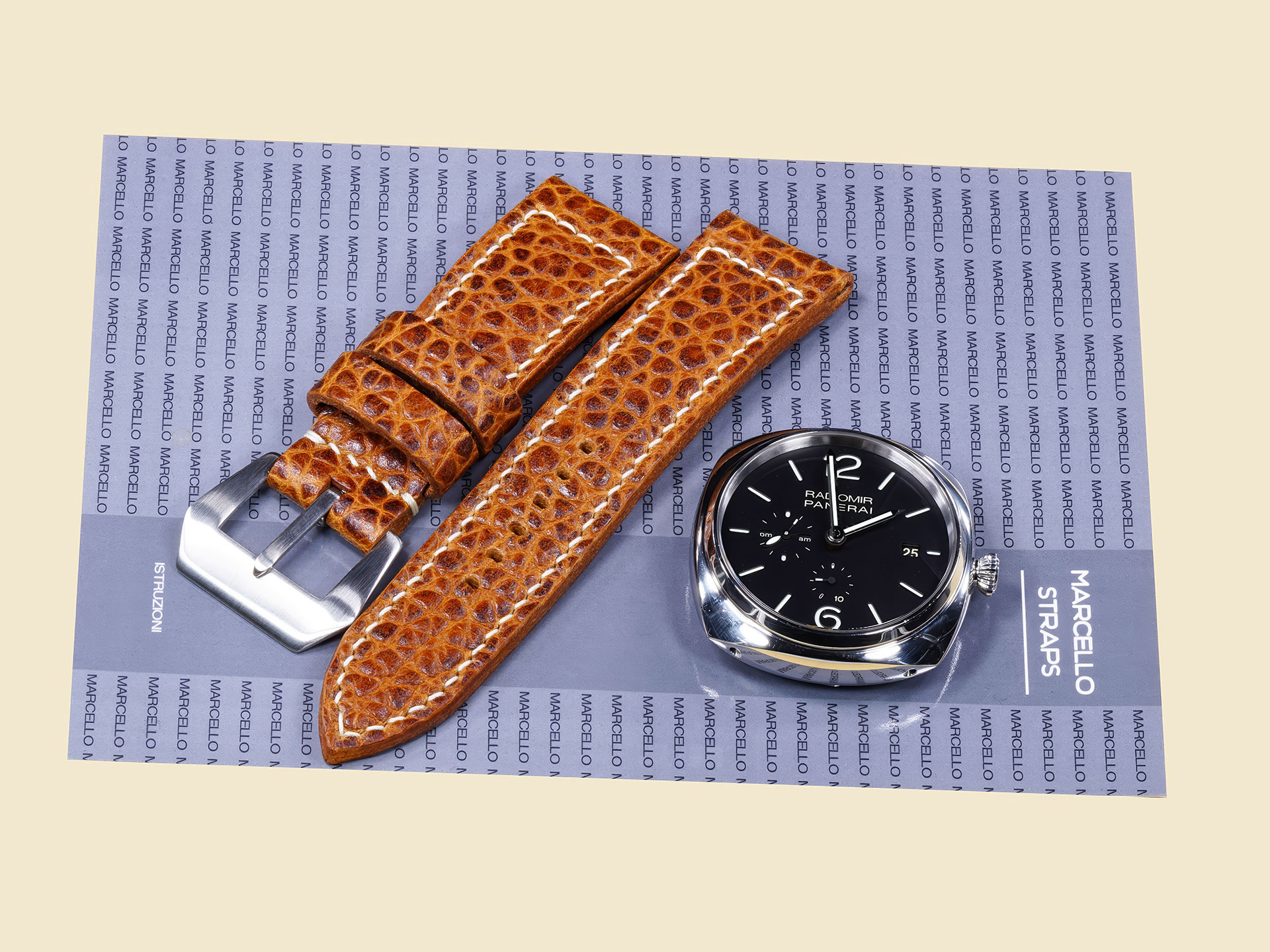 Side view of burnished edges on thick buffalo Panerai Radiomir strap.