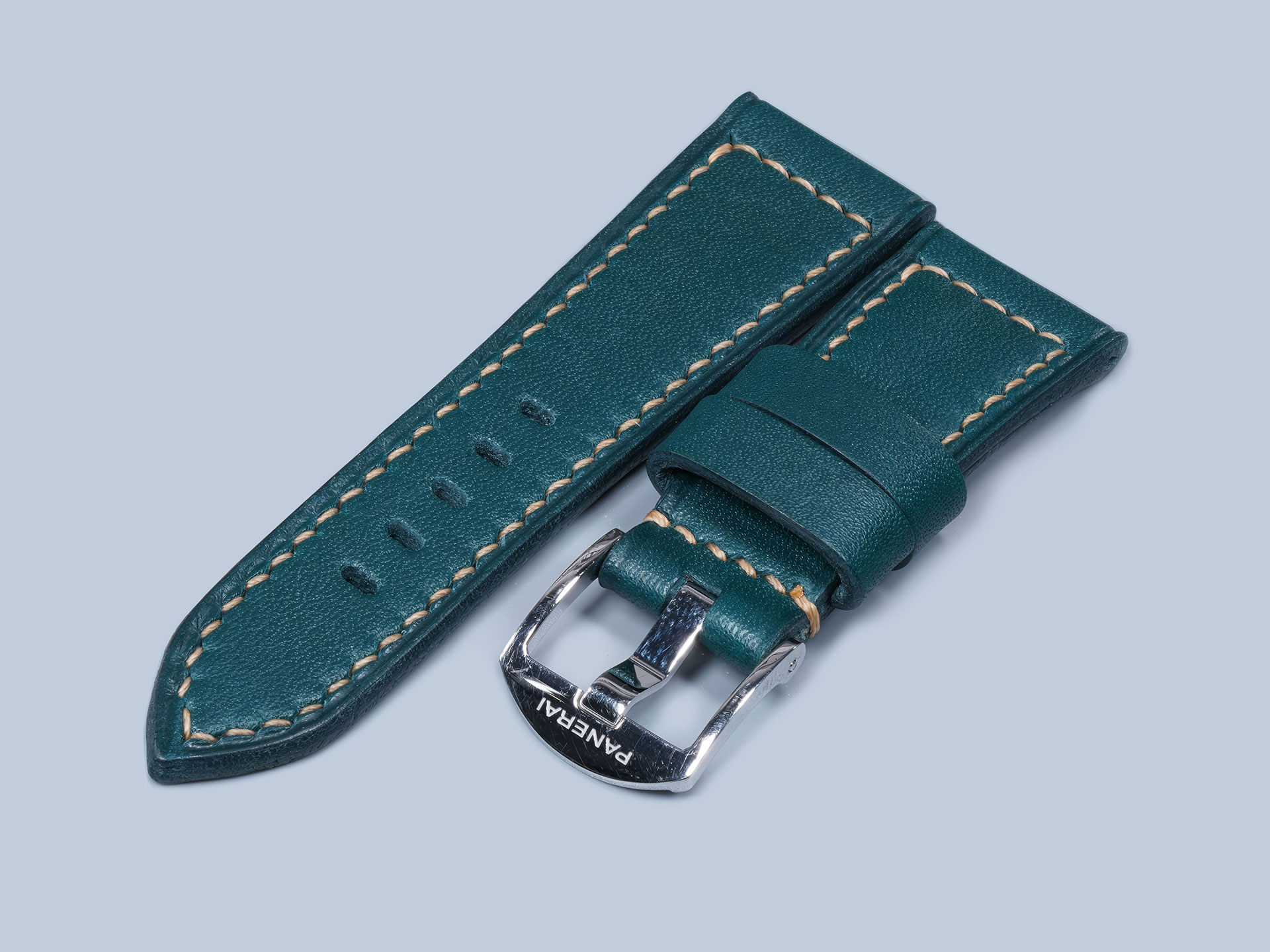 Panerai Due custom leather watch band featuring a handmade strap construction.
