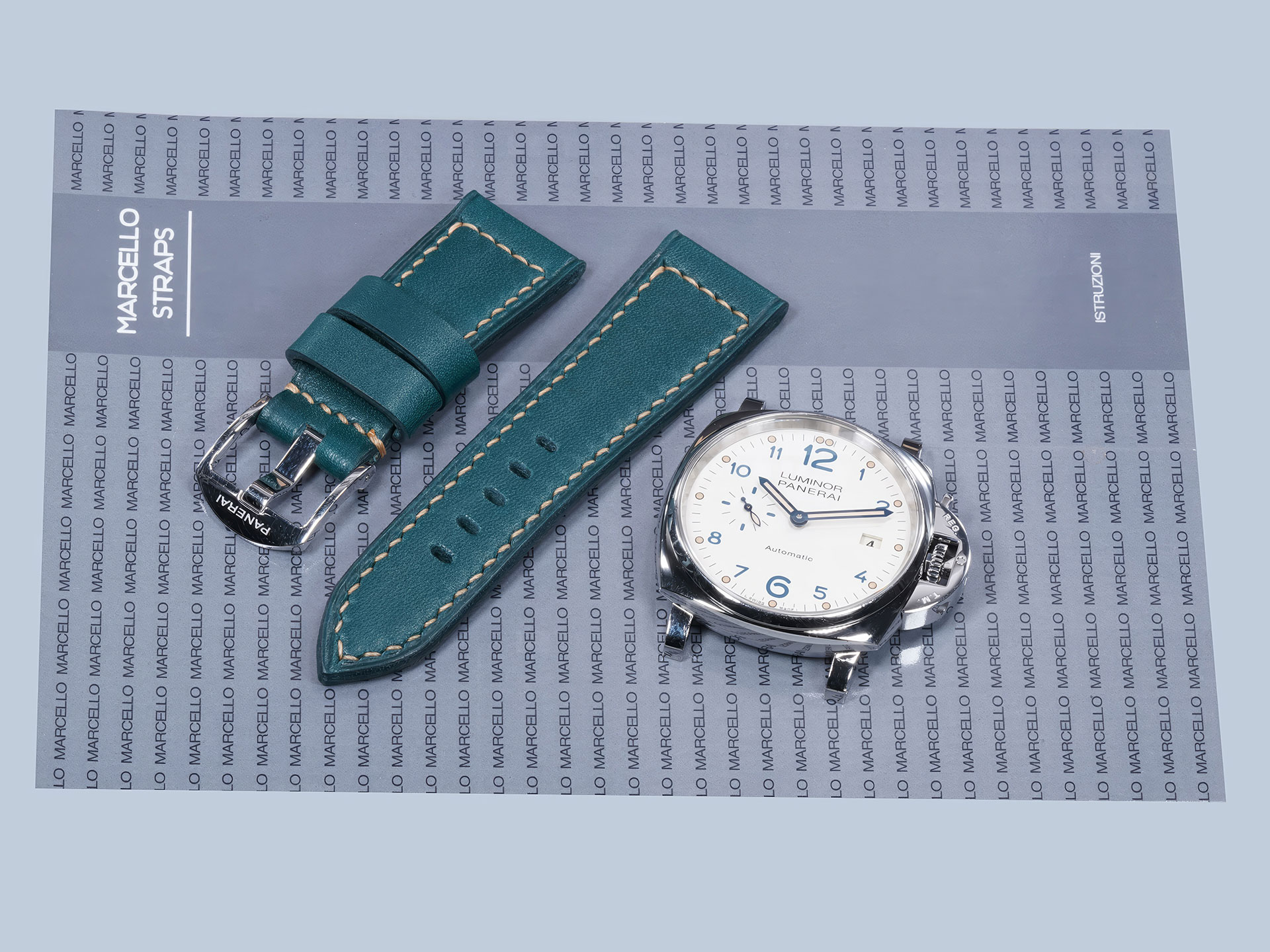 Reinforced buckle stitching on a handmade strap for Panerai Due models.