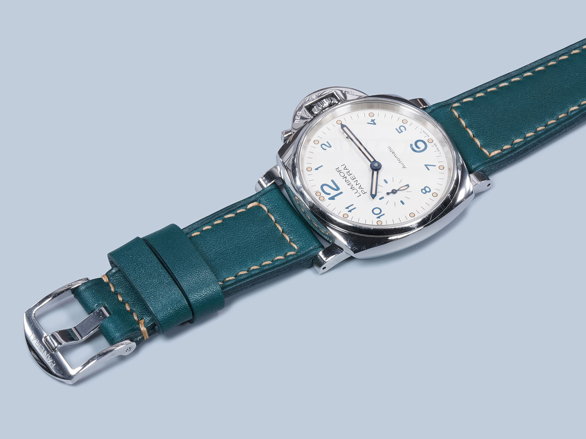 Handmade strap for Panerai Due designed for OEM buckle integration.