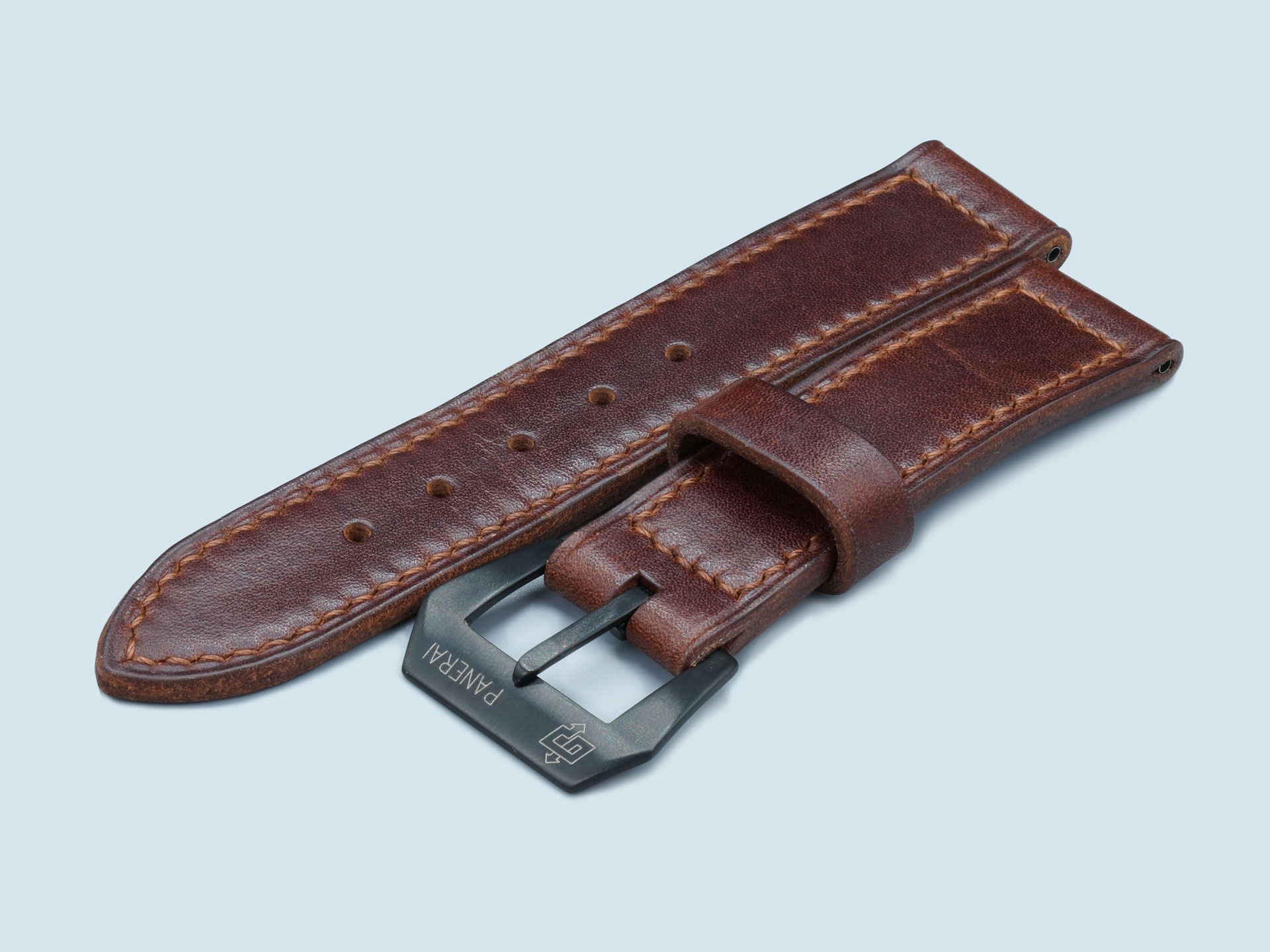 Hand-stitched-brown-leather-watch-band-with-black-vintage-pin-buckle