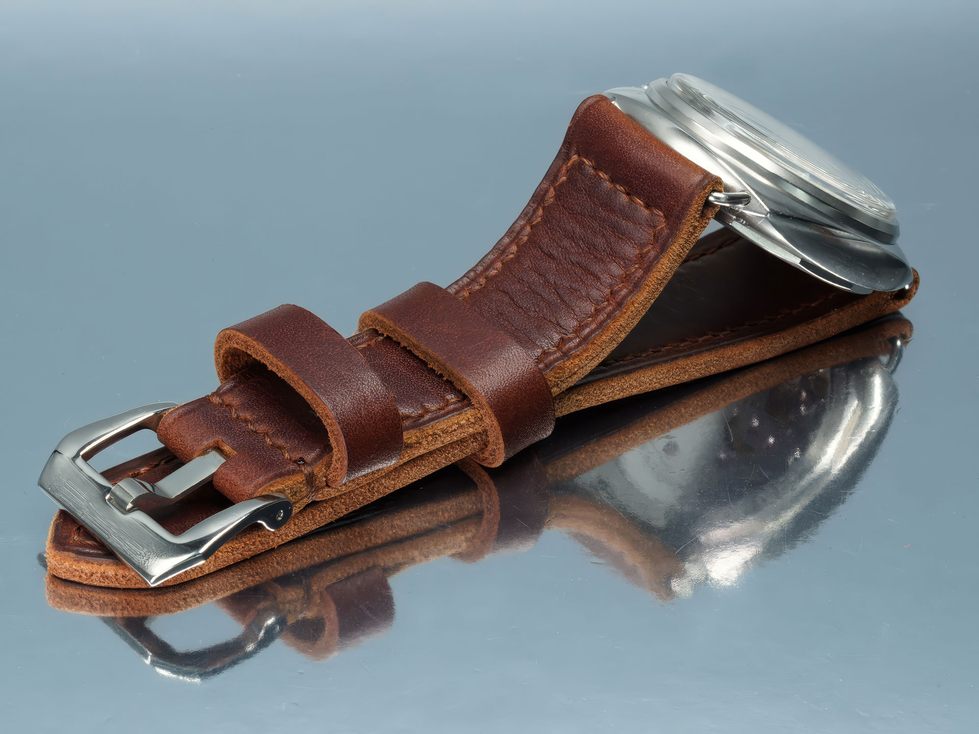 Thick Brown Radiomir Handmade Leather Strap – Flat Lay Product Photography