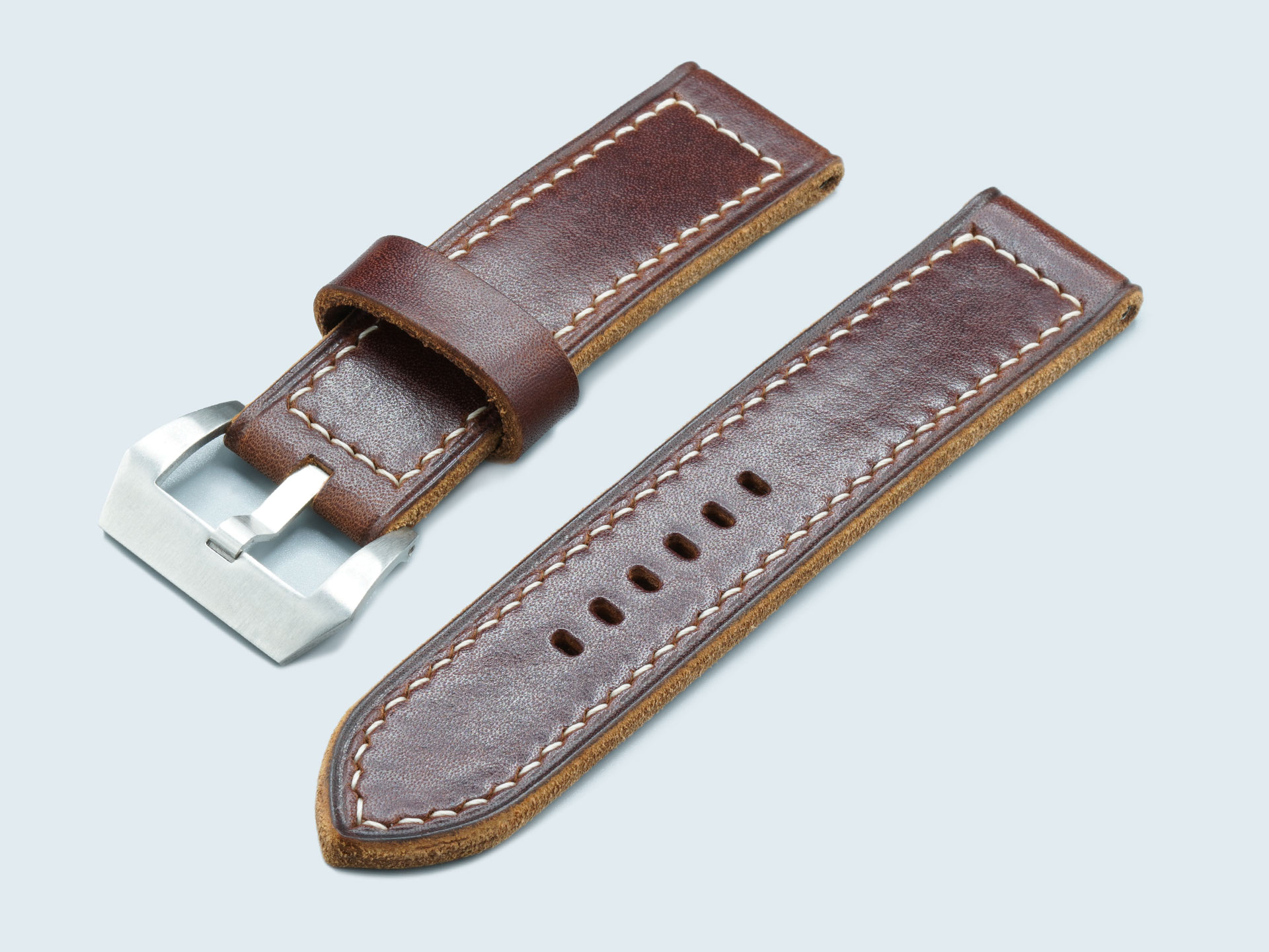 Thick 44mm Panerai strap handcrafted in dark walnut leather with OEM buckle