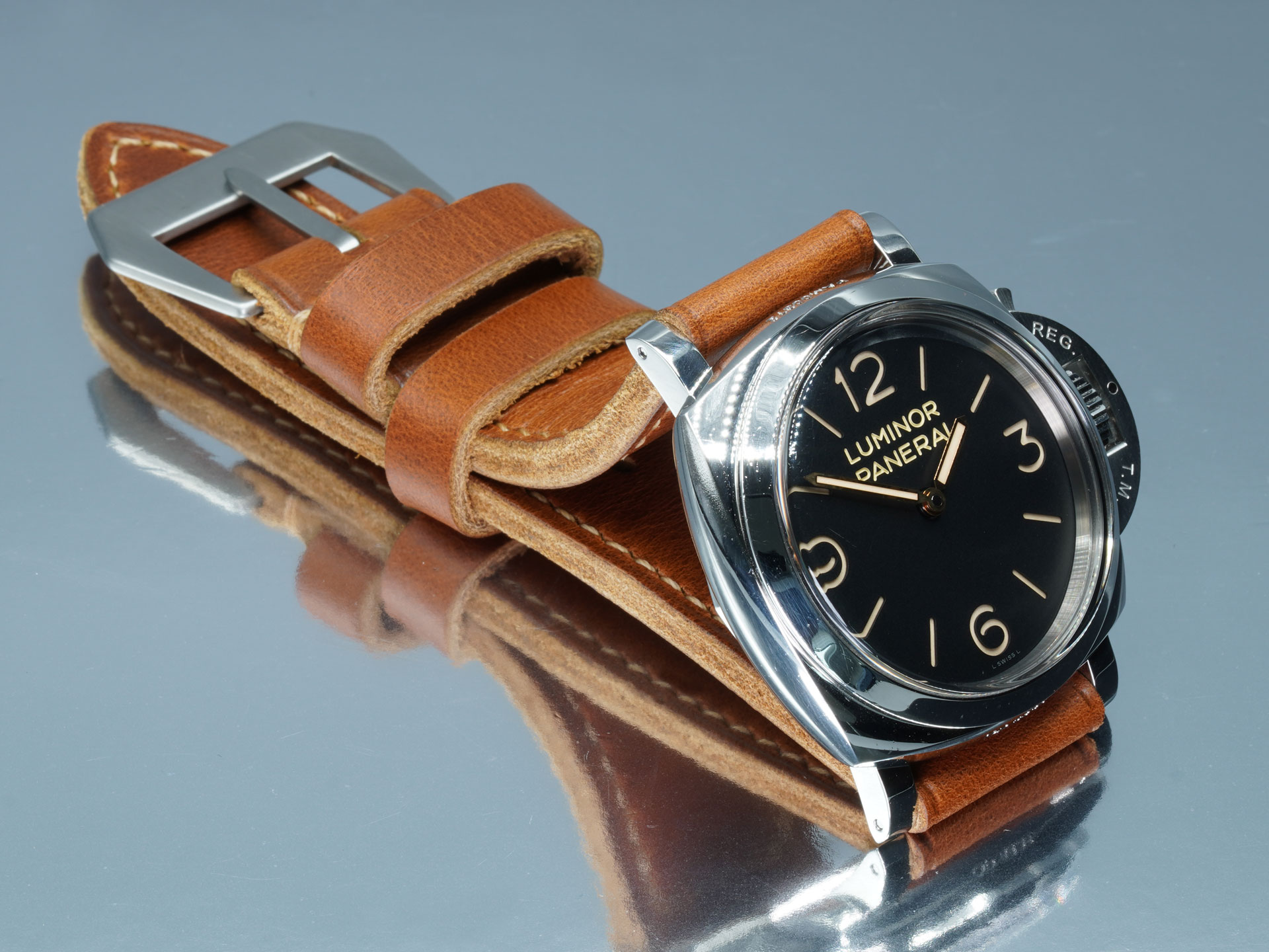 47mm Panerai Luminor case paired with a handcrafted tan leather vintage strap