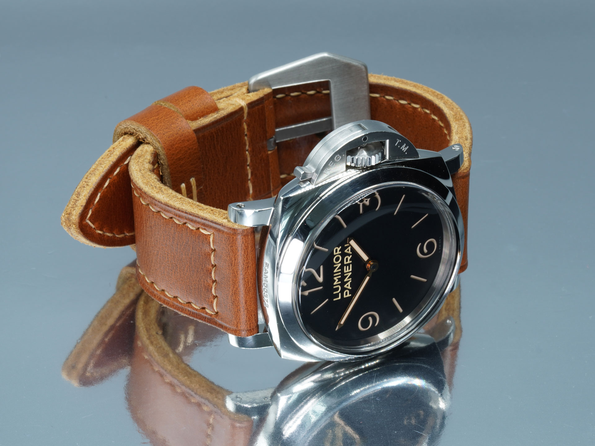 Handcrafted vintage Panerai strap in tan leather, shown with 47mm watch case