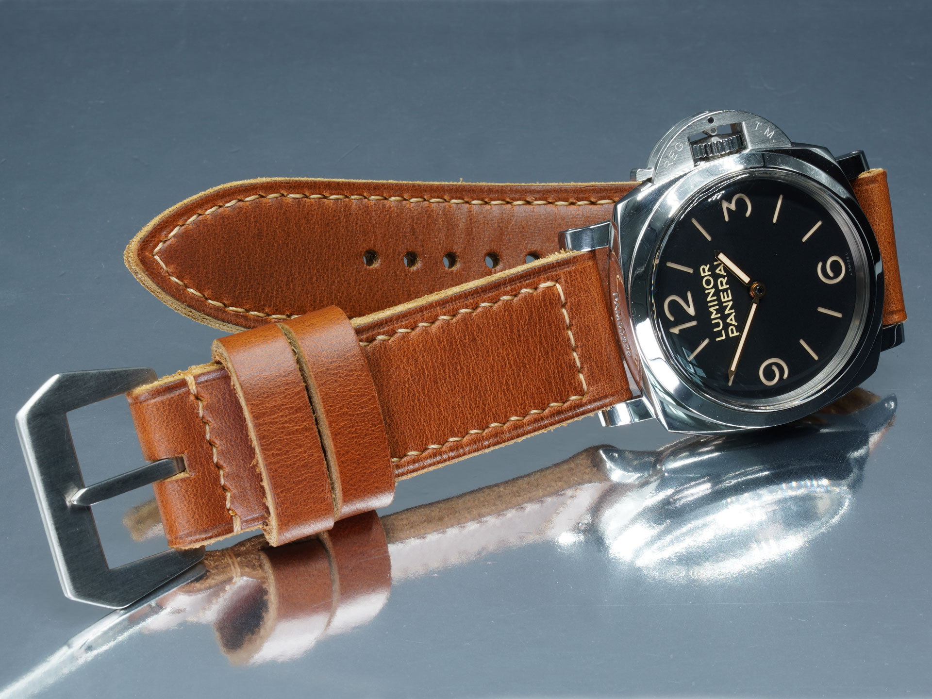 Floating keeper detail on a handcrafted vintage tan Panerai leather strap