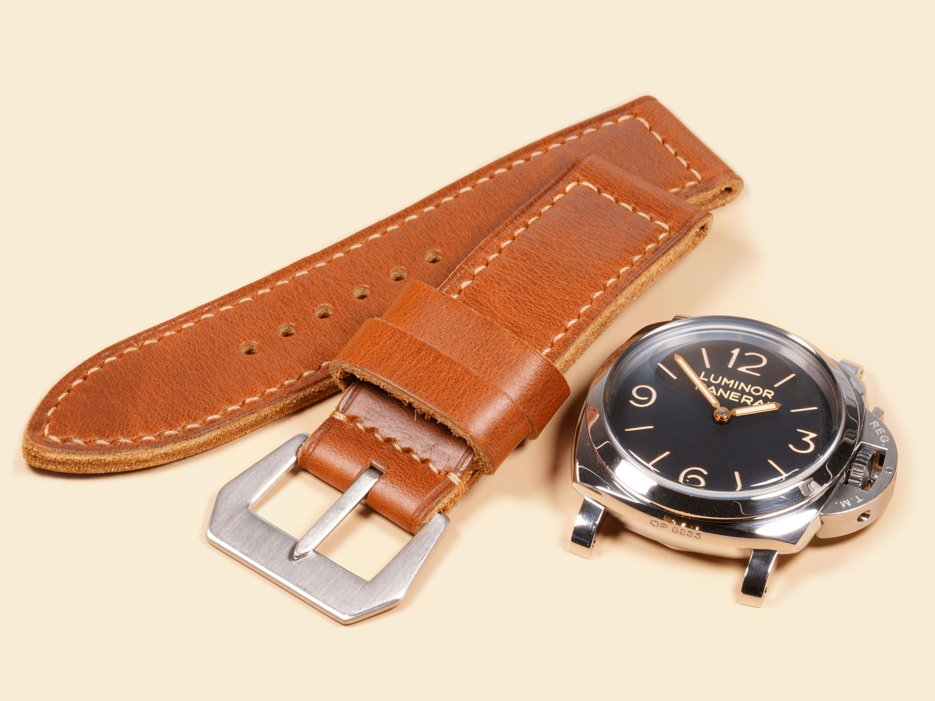 Custom tan leather strap engineered for heritage 47mm Panerai models like the PAM00422.