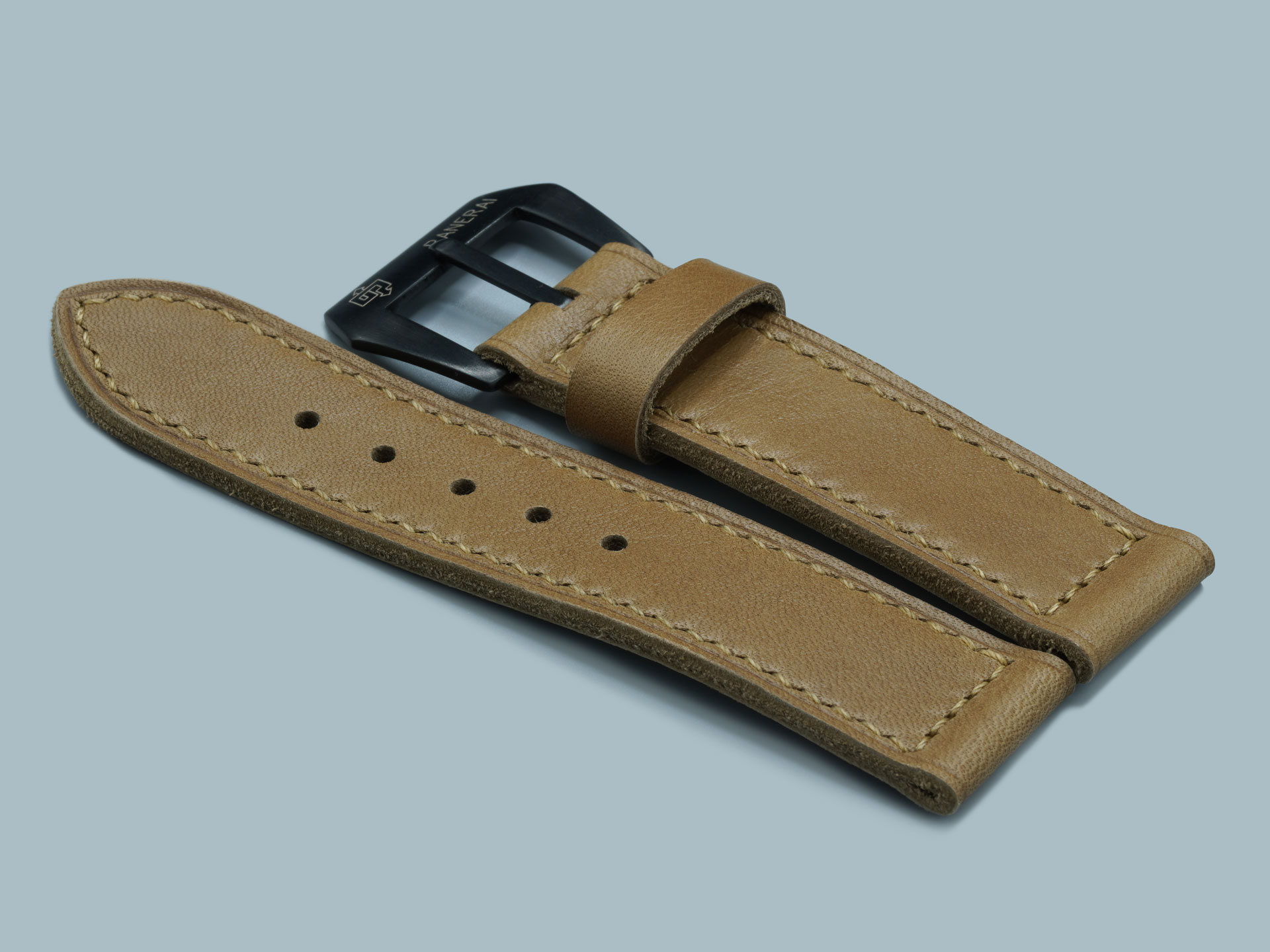 Vintage tan strap built for the 44mm Panerai case, angled view