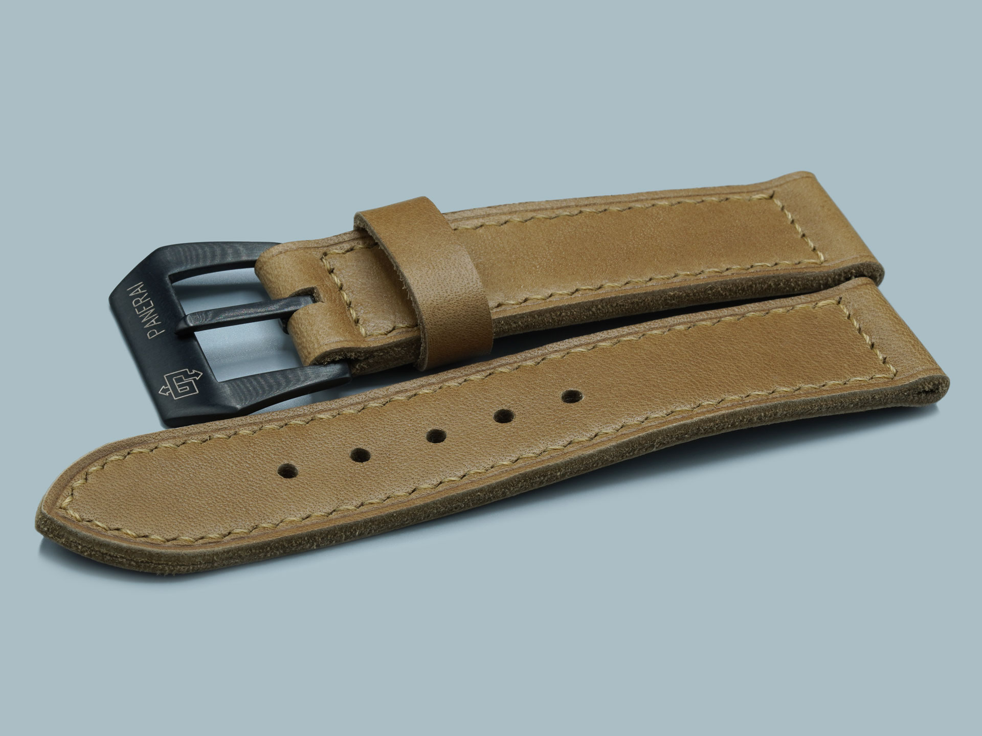 Marcello Straps handcrafted tan strap, showing taper and stitching