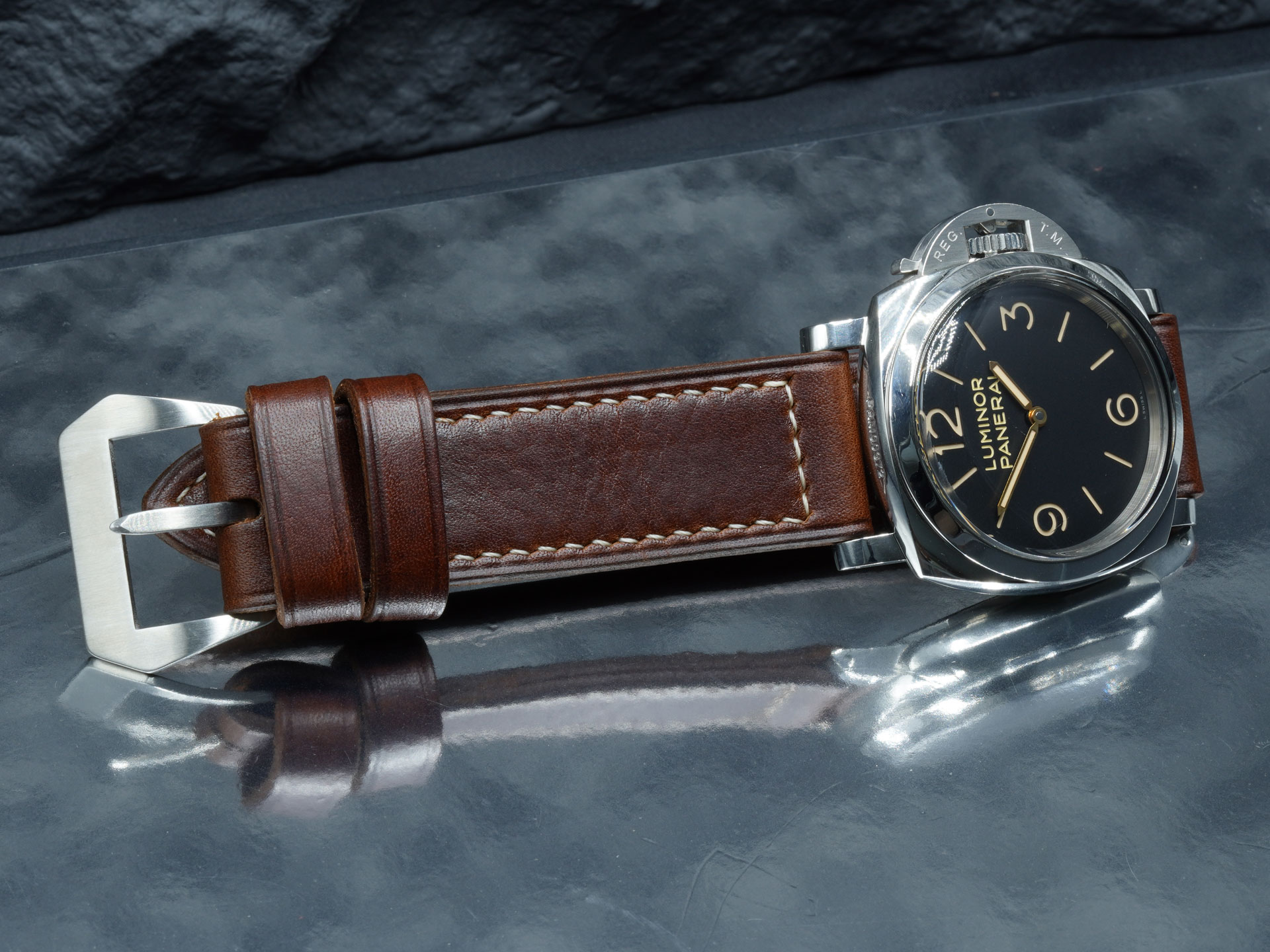 Wrist shot of the dark brown vintage strap, handcrafted for 47mm Panerai Luminor