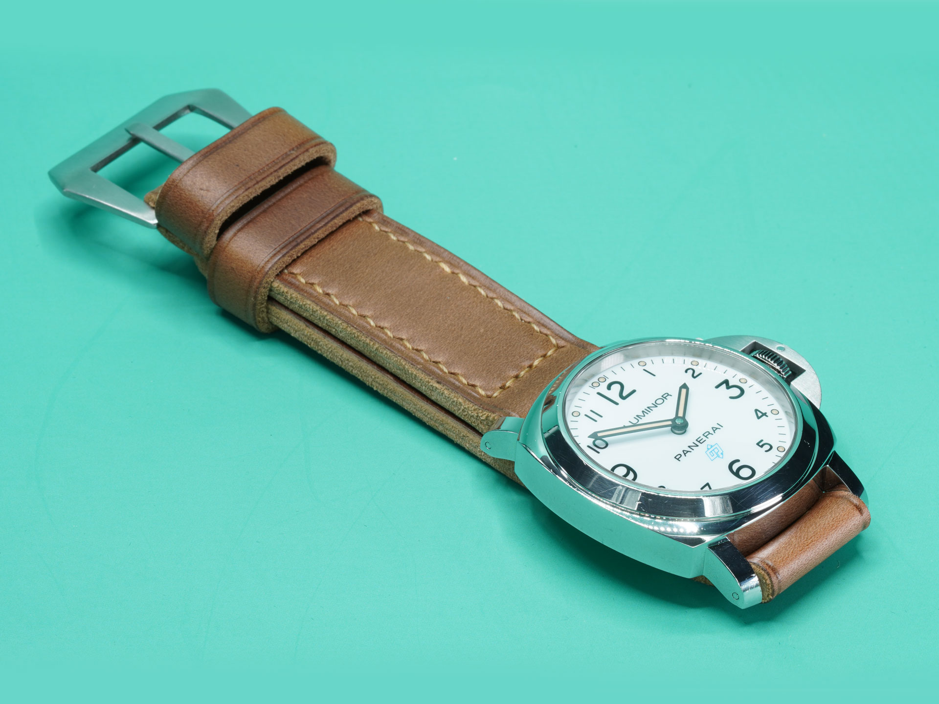 Caramel brown Panerai Luminor 44mm strap, handcrafted by Marcello Straps, presentation shot