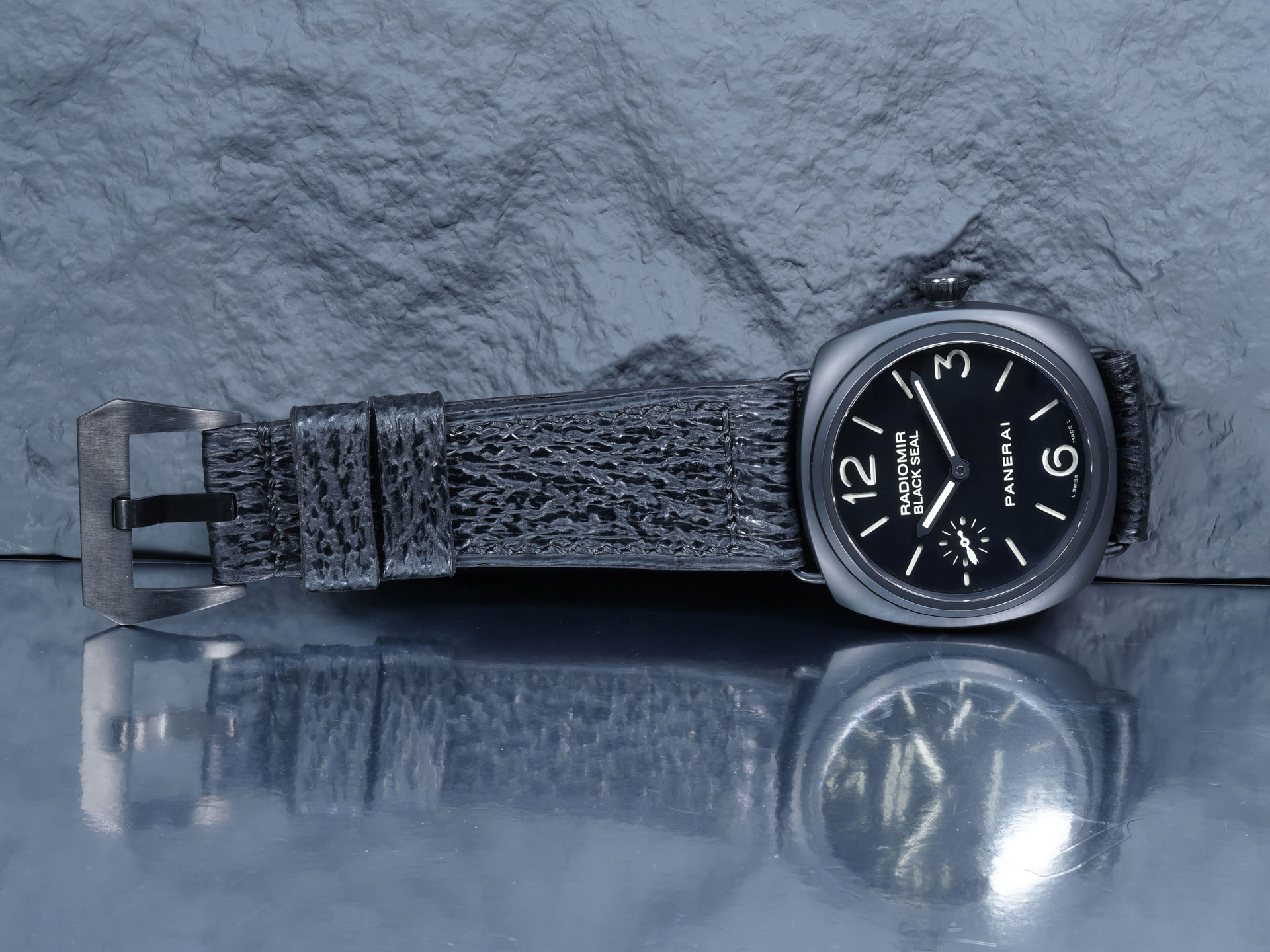Angle shot of a 45mm Panerai Radiomir paired with a handcrafted Squalo Nero shark strap.