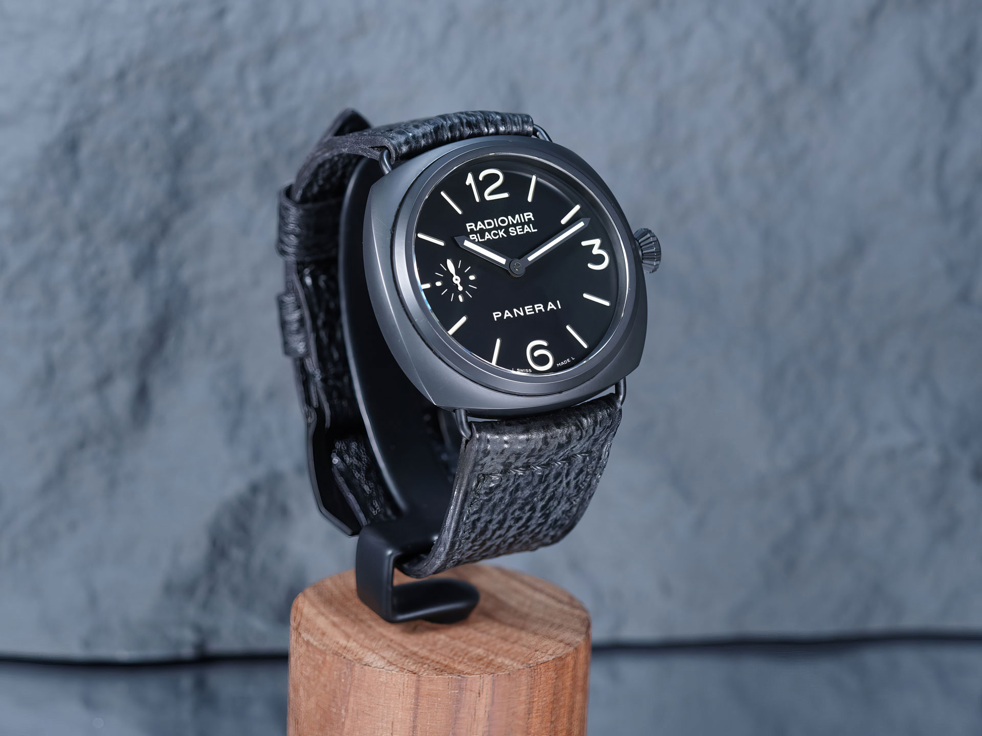 Hand-burnished edge of a Squalo Nero Panerai Radiomir black shark skin watch band.