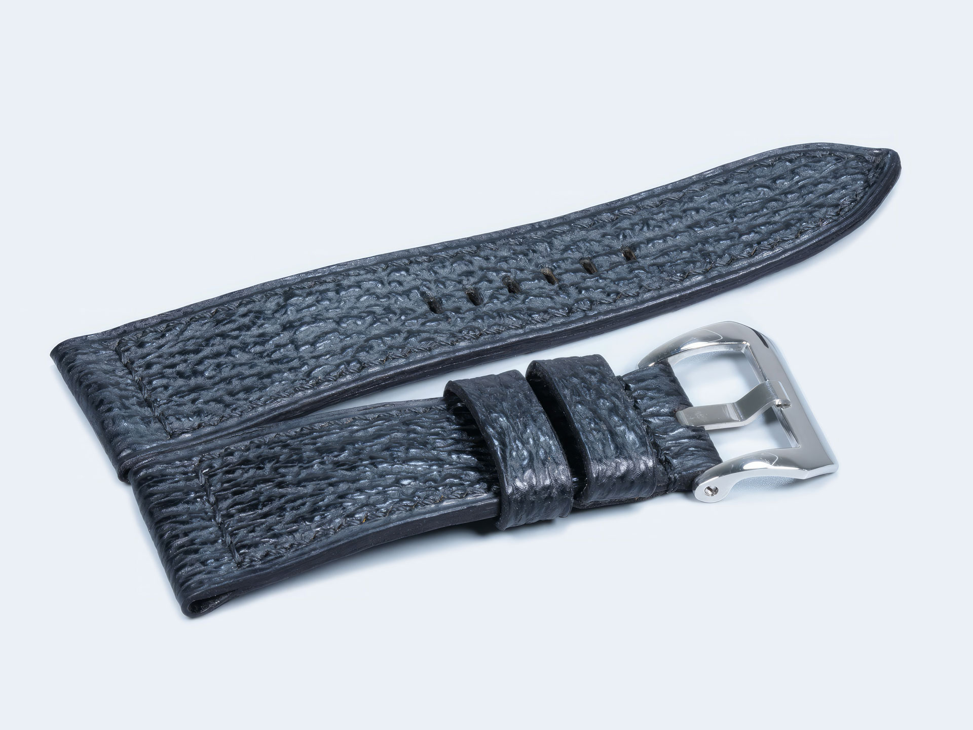 Custom Panerai Radiomir shark strap in black leather designed for 45mm and 47mm cases.