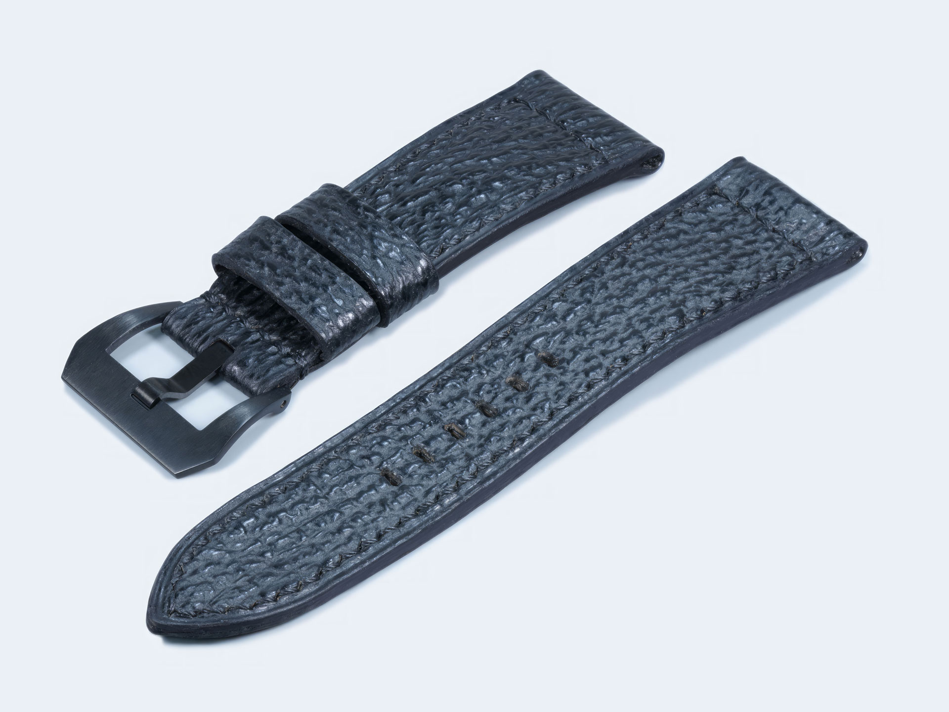 Handcrafted Squalo Nero Panerai Radiomir strap showing the durable water-resistant shark skin grain
