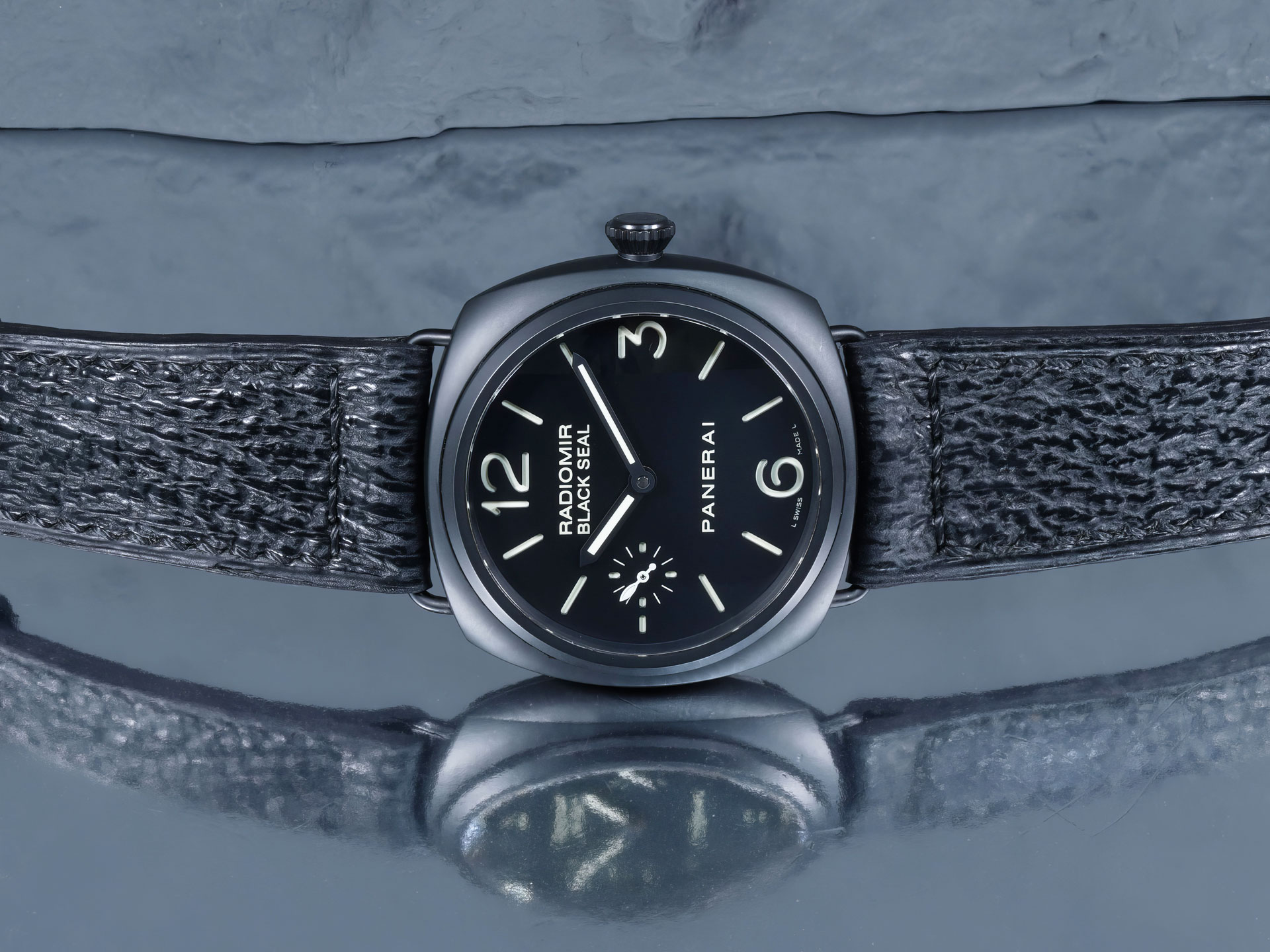 Premium black shark skin strap tailored to fit a 47mm Panerai Radiomir wire-lug case.