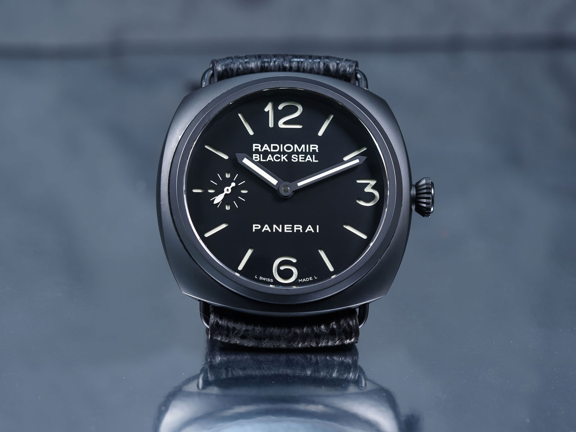 Bespoke Squalo Nero watch strap crafted from genuine black shark leather with minimal black stitching.