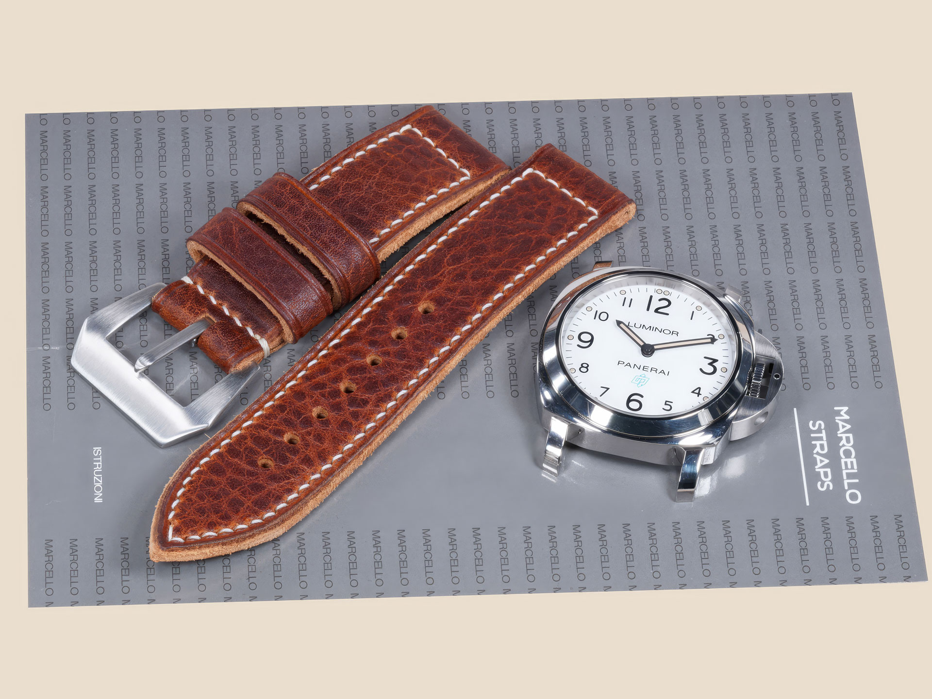 Boxed stitching pattern on a textured brown handmade strap for 44mm Panerai