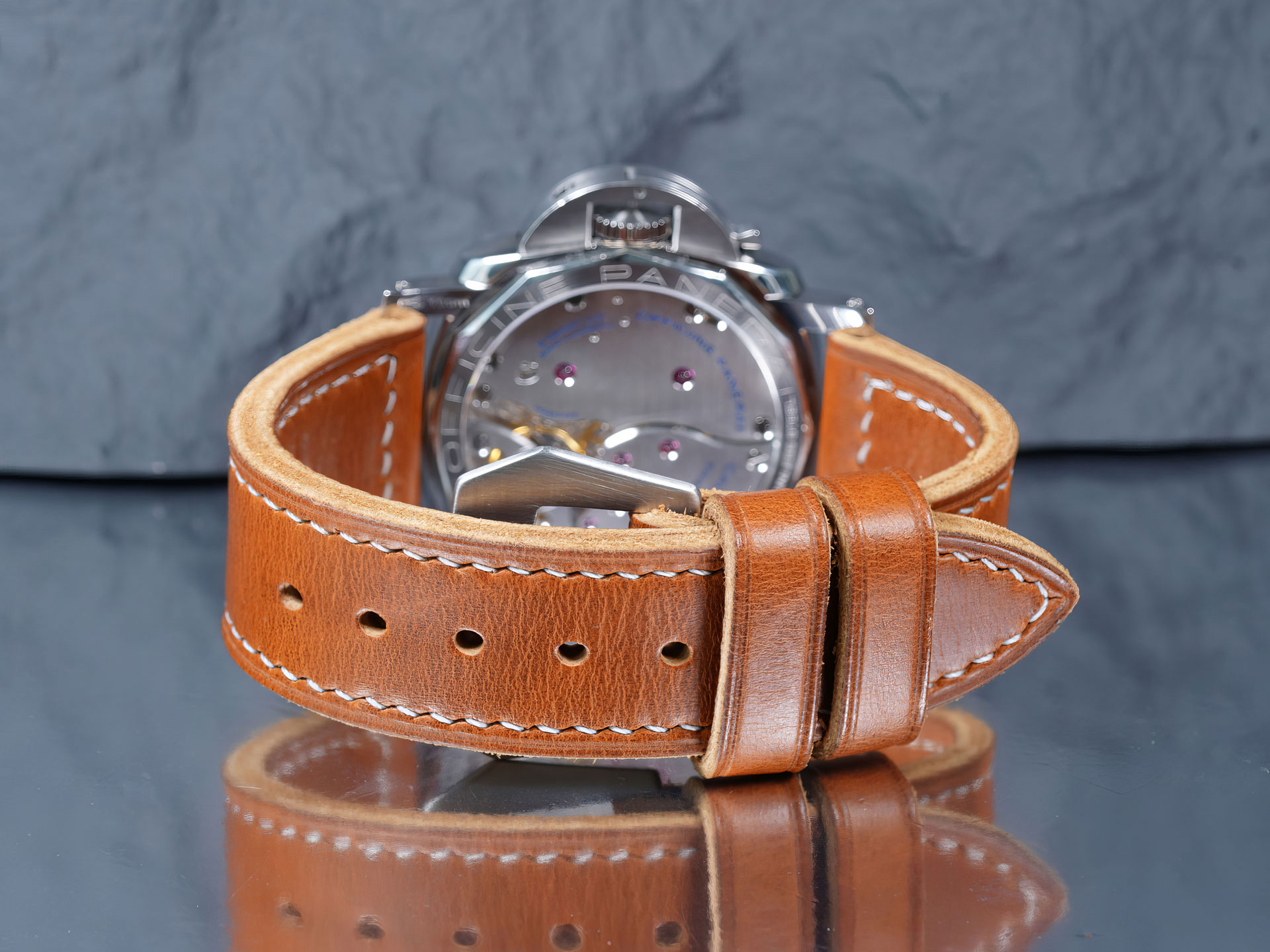 Vintage 47mm Panerai Luminor fitted with a handcrafted tan leather strap and GPF buckle.